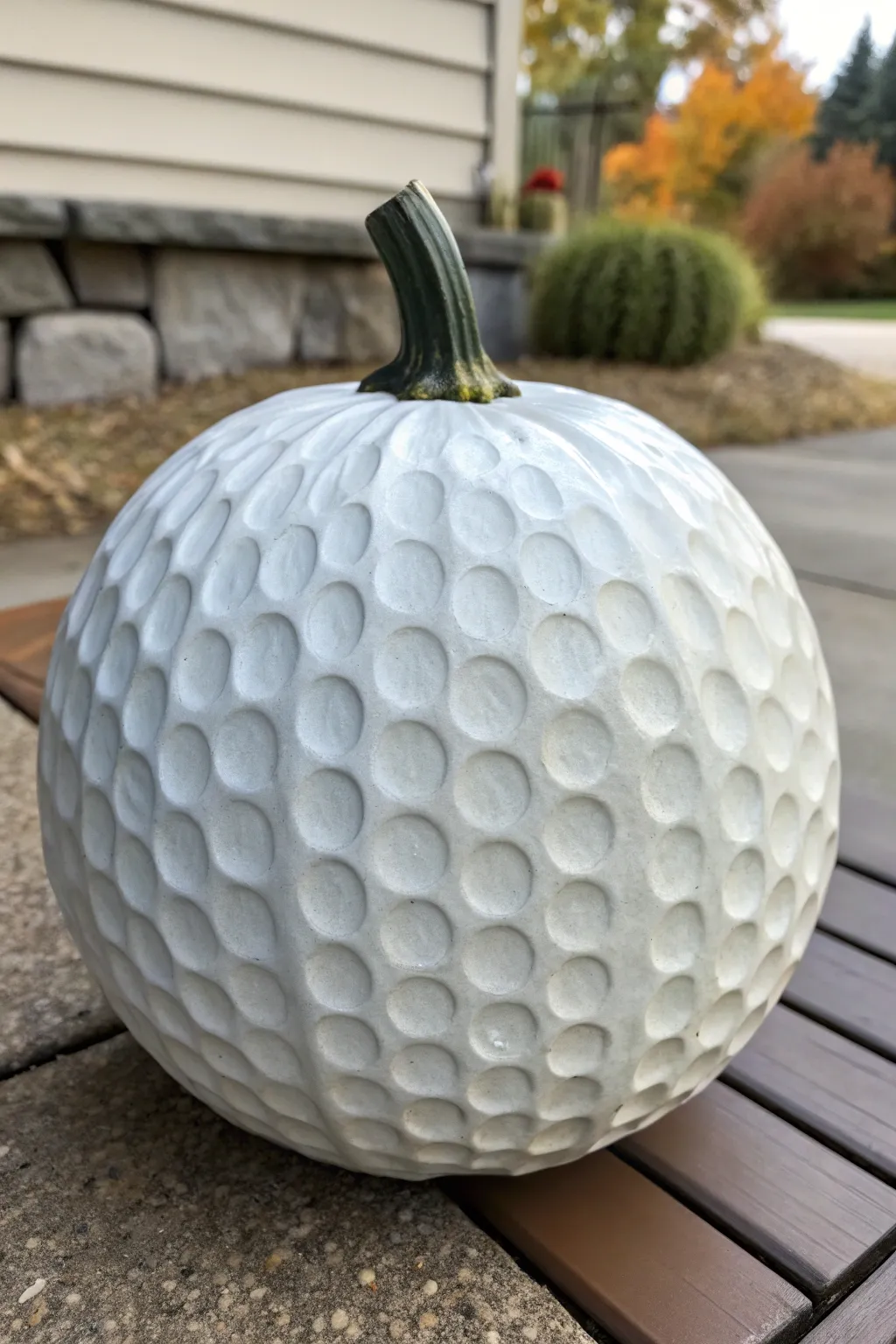 Giant golf ball pumpkin in matte white with dimple texture for a chic minimalist fall look