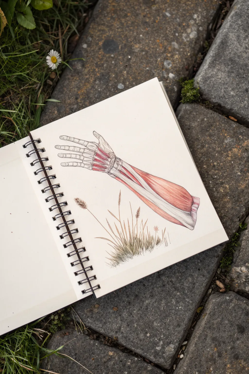 Minimal cutaway tear-study: a lifted skin flap revealing muscle texture, clean lines and soft contrast