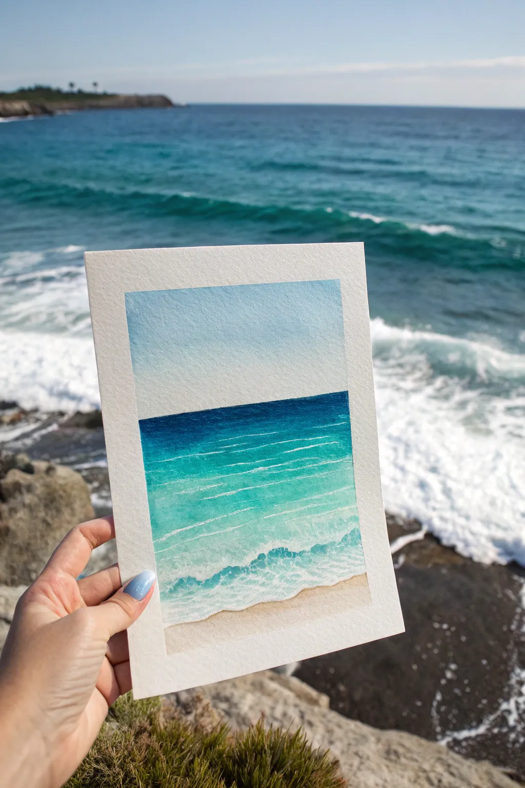 Ocean watercolor gradient from sandy shore aqua to deep navy, with gentle ripples and calm contrast