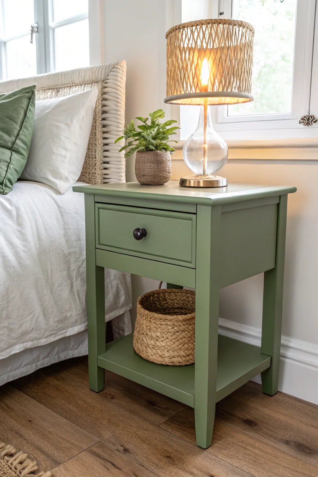 Olive green nightstand with creamy bedding, woven shade, and a tiny plant for calm.