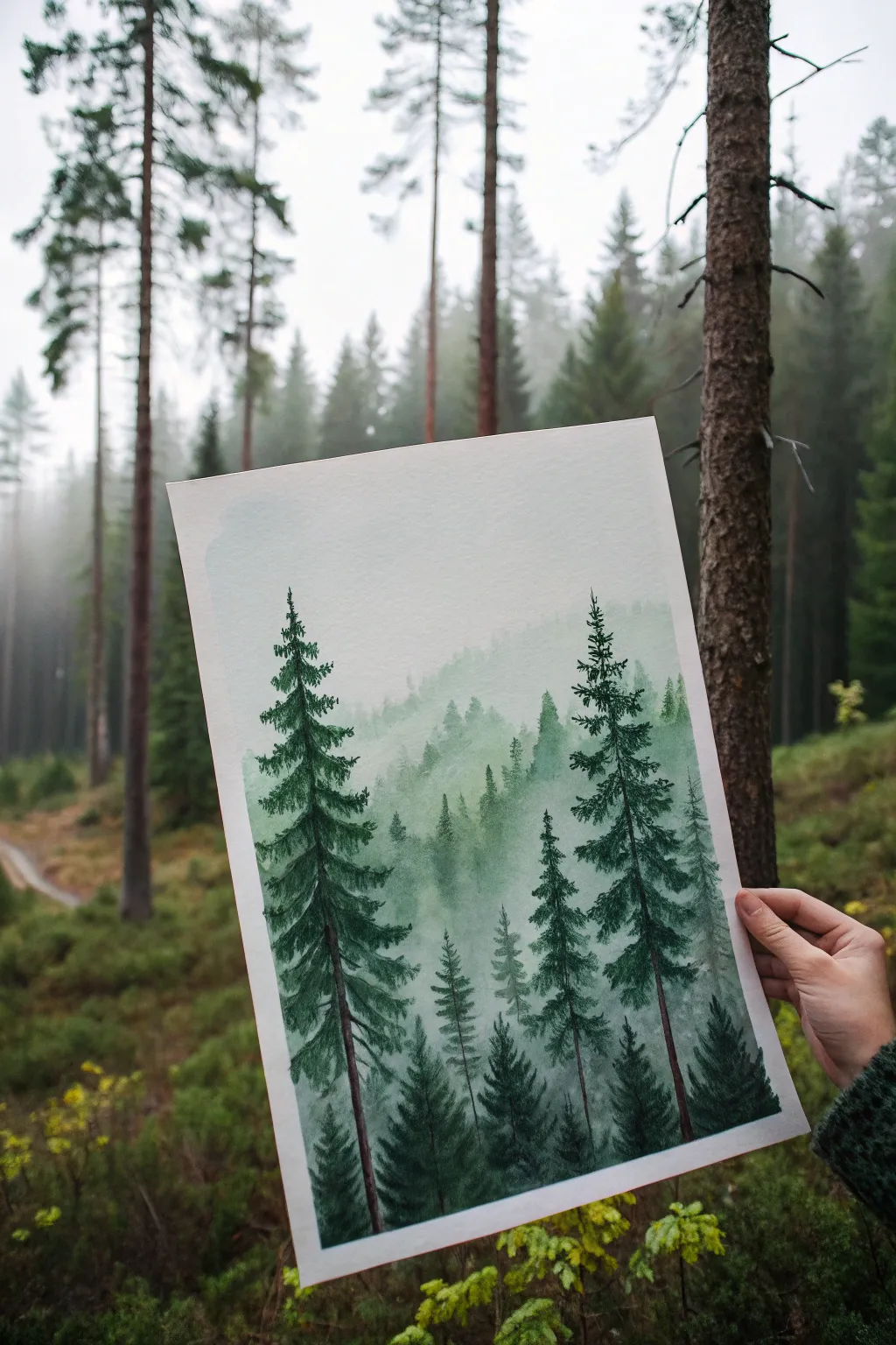 Layered green pines and misty fog bands, a calming forest depth study in watercolor.