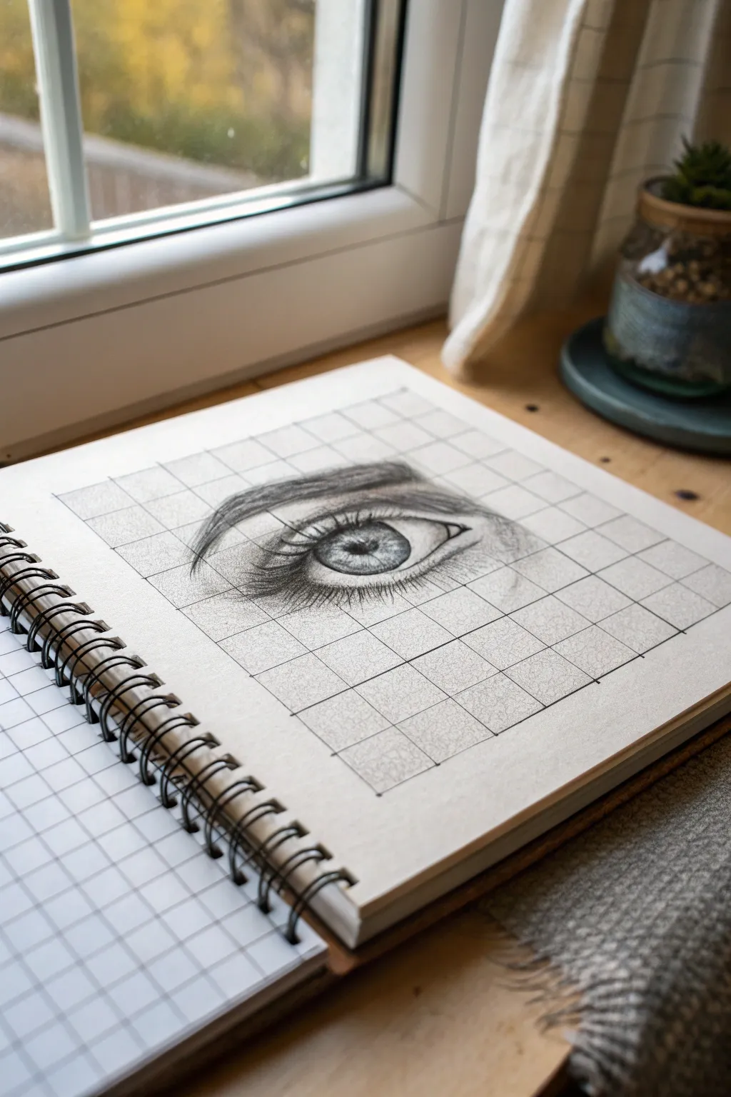 Grid-mapped eye study with delicate shading and highlights, minimalist Scandinavian-boho aesthetic