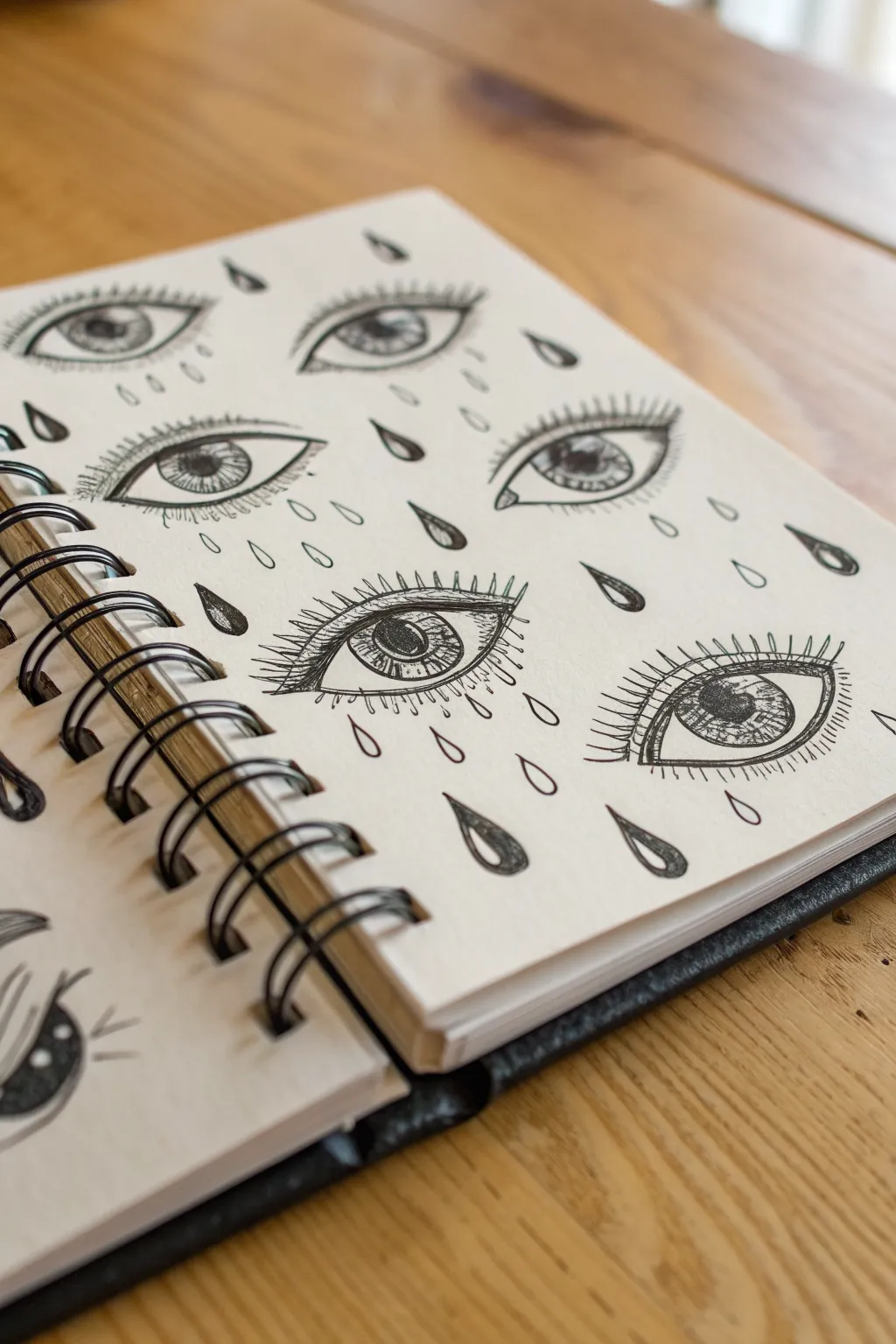 Weeping eye sketches with smudged mascara drips, minimal grunge mood for your sketchbook