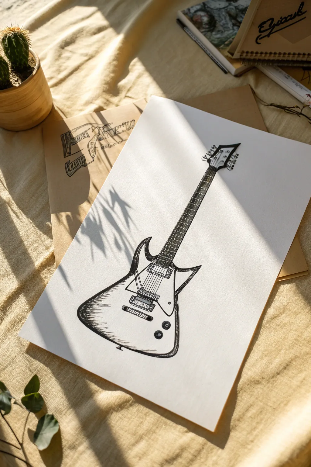 Crisp bold-angle electric guitar sketch idea with graphic shadows, minimal Scandinavian-boho vibe.