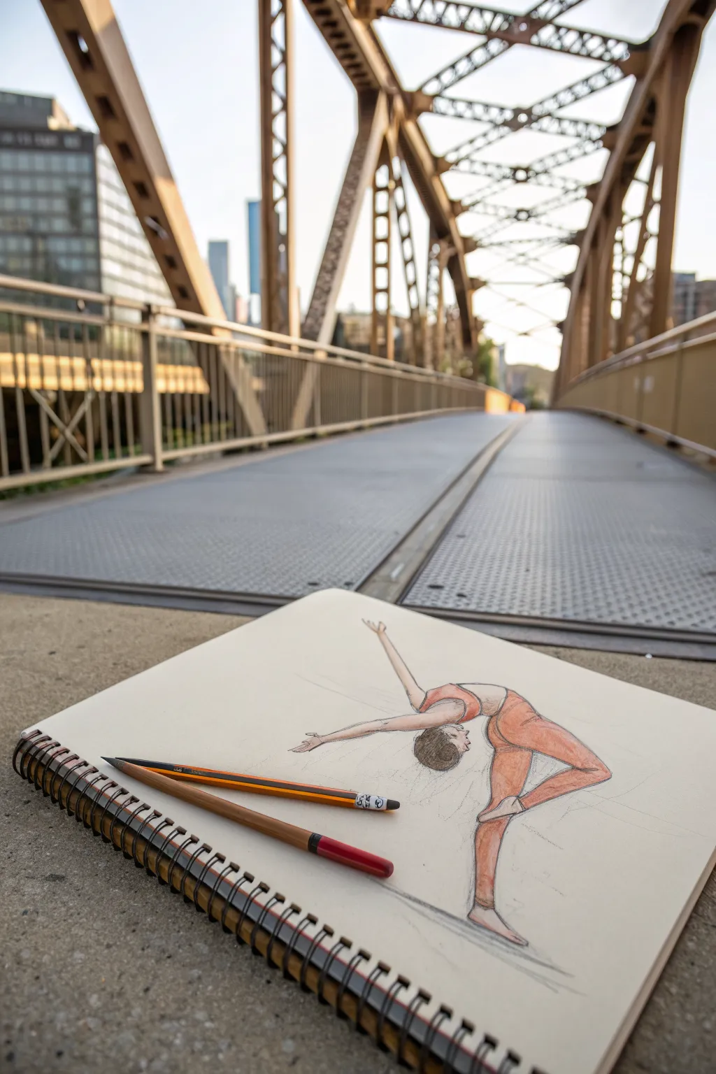 Minimal side-view bridge backbend sketch with clean arcs and subtle boho watercolor warmth