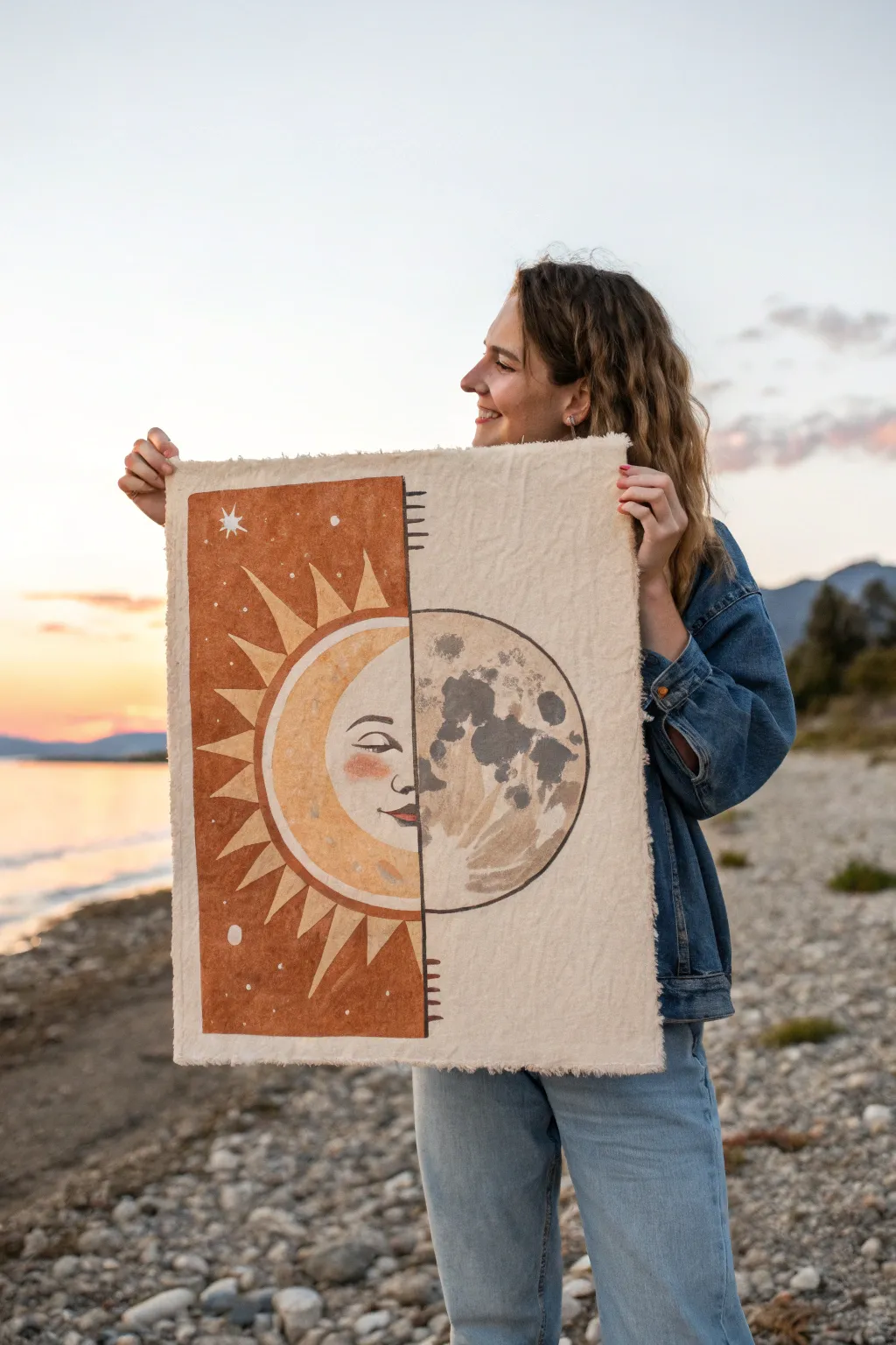 Half sun, half moon face in one circle, minimalist boho palette with bold day-night contrast