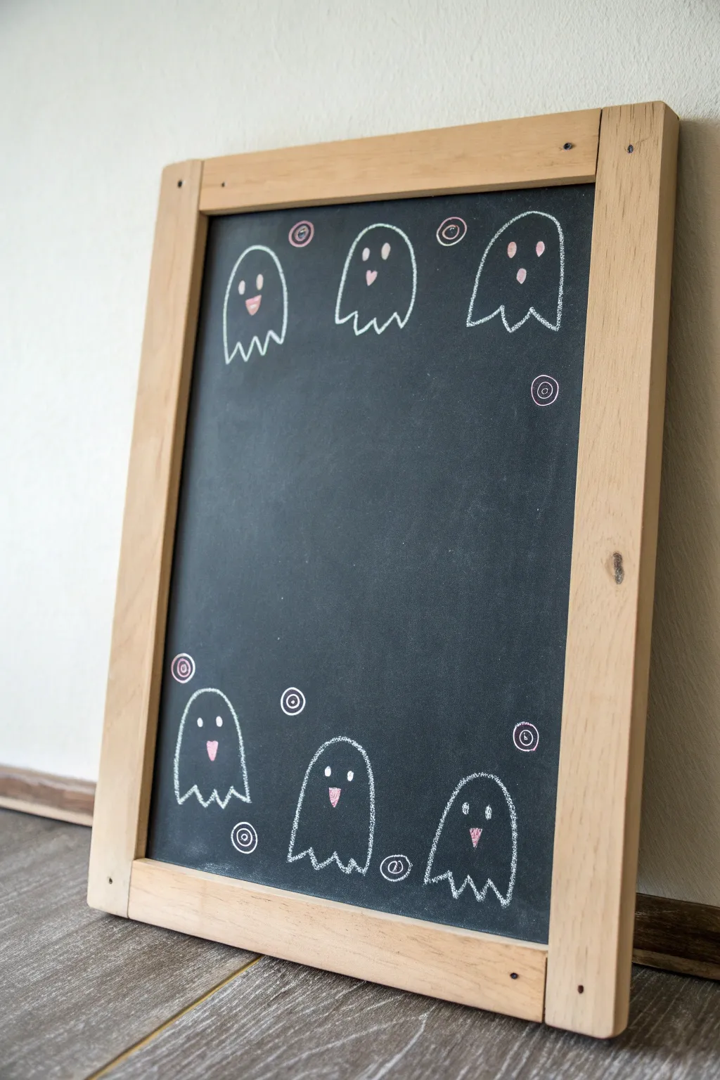 Cute ghost parade chalk border with a clean center space, minimalist Halloween chalk art