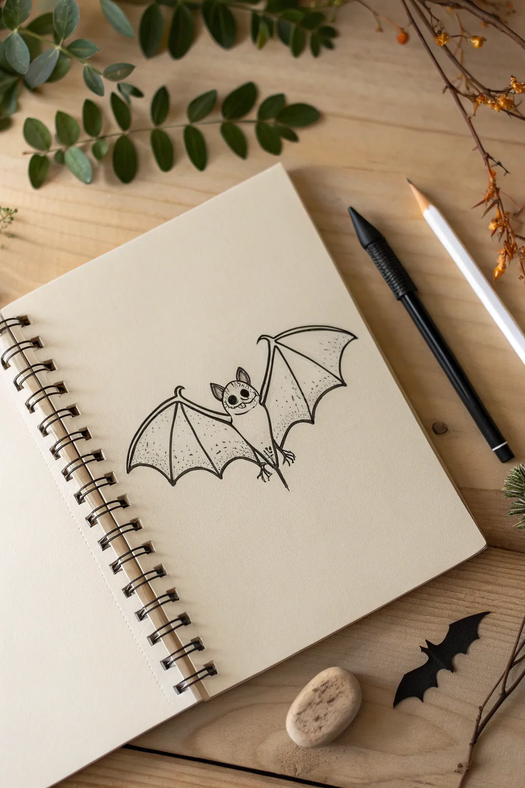 Easy cute bat drawing with simple scalloped wings, bold fill, and tiny fangs in one clear view