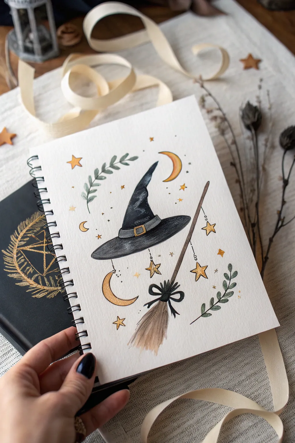Minimal witch hat and broom crest with swirly spell smoke, moons and stars in high contrast