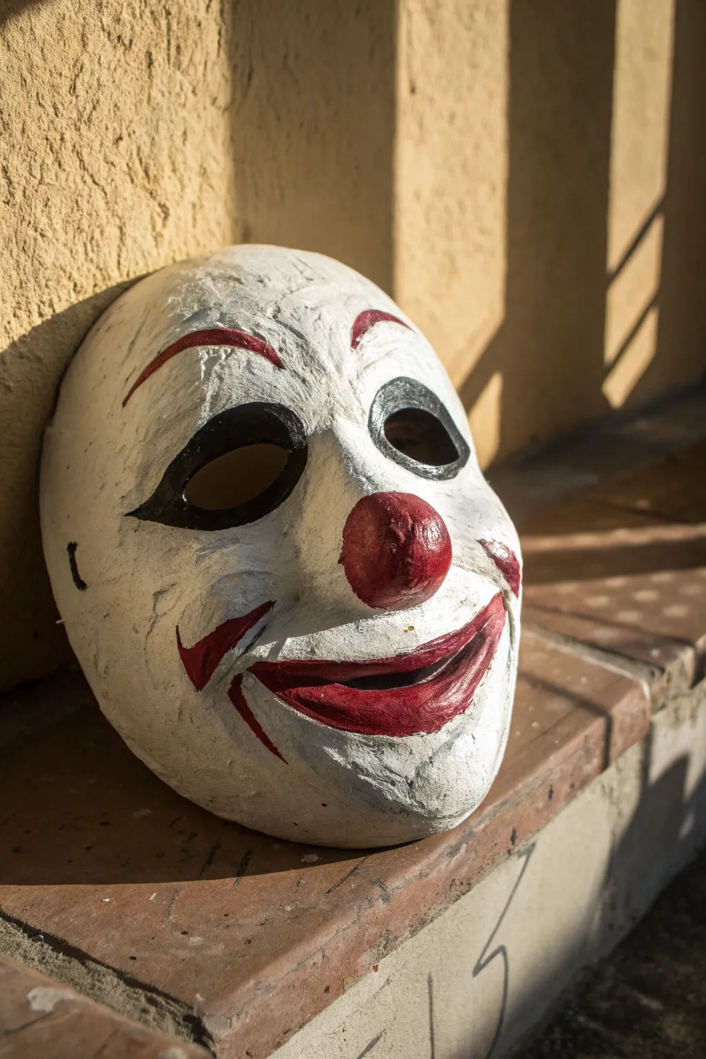 Creepy clown mask painting with smudged lips and dark eyes in moody minimalist style