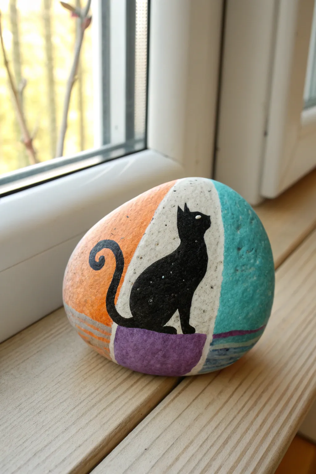 Black cat silhouette rock with a vibrant orange purple teal wash, minimalist boho Halloween.