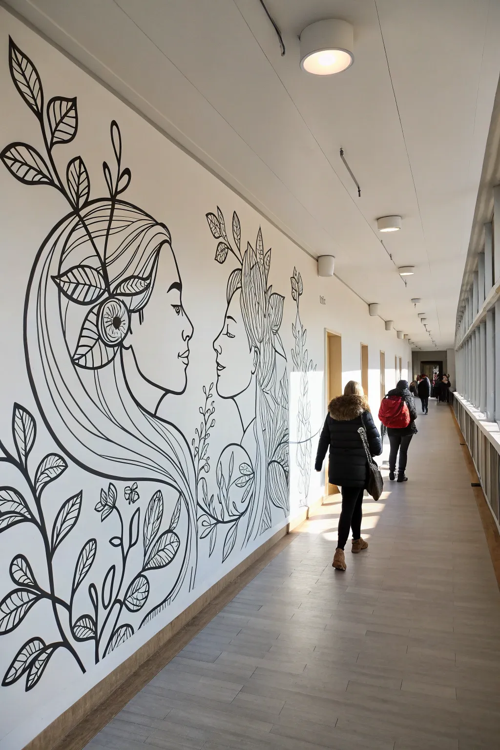 Classic black line mural on warm white hallway wall, minimalist Scandinavian with boho warmth