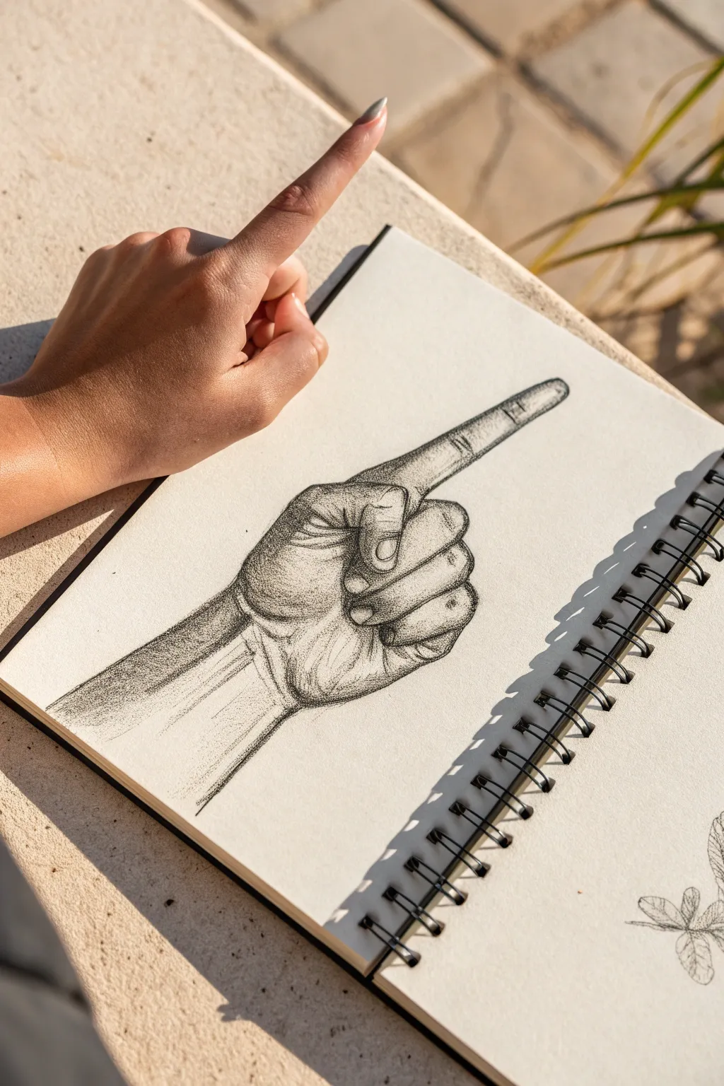Foreshortened pointing hand sketch, minimal graphite shading for bold depth and contrast.