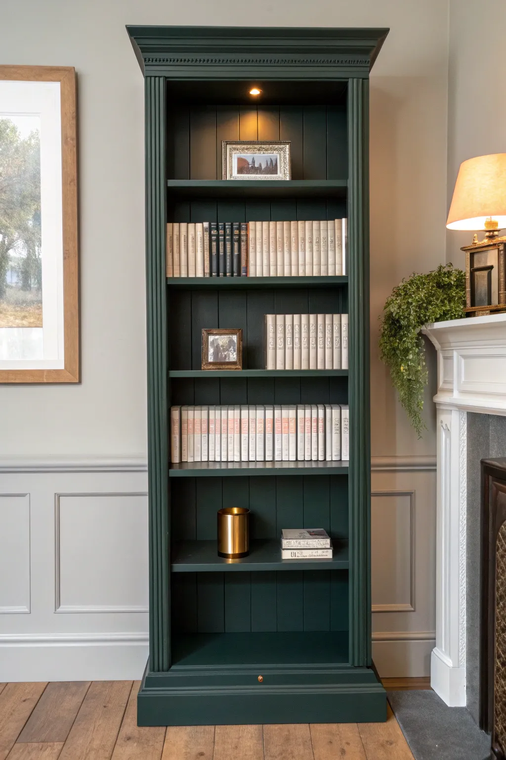 Deep charcoal bookcase with warm glow, stacked blank-spine books, and vintage brass charm.