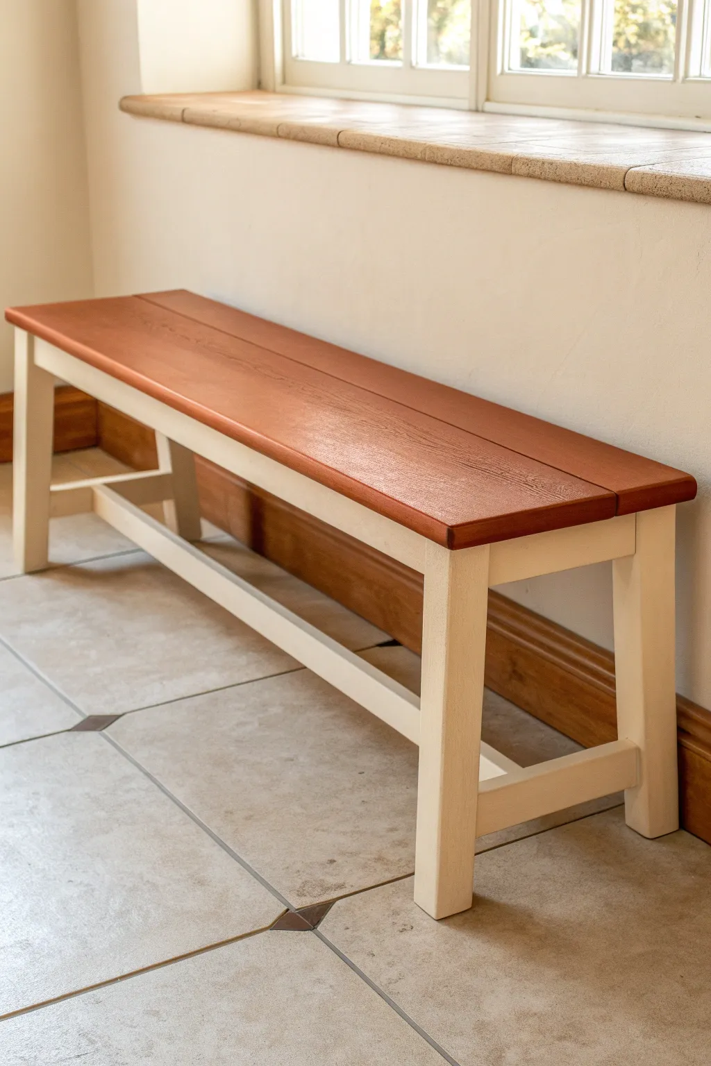 Crisp two-tone color block bench with taped edges for a modern Scandinavian look.