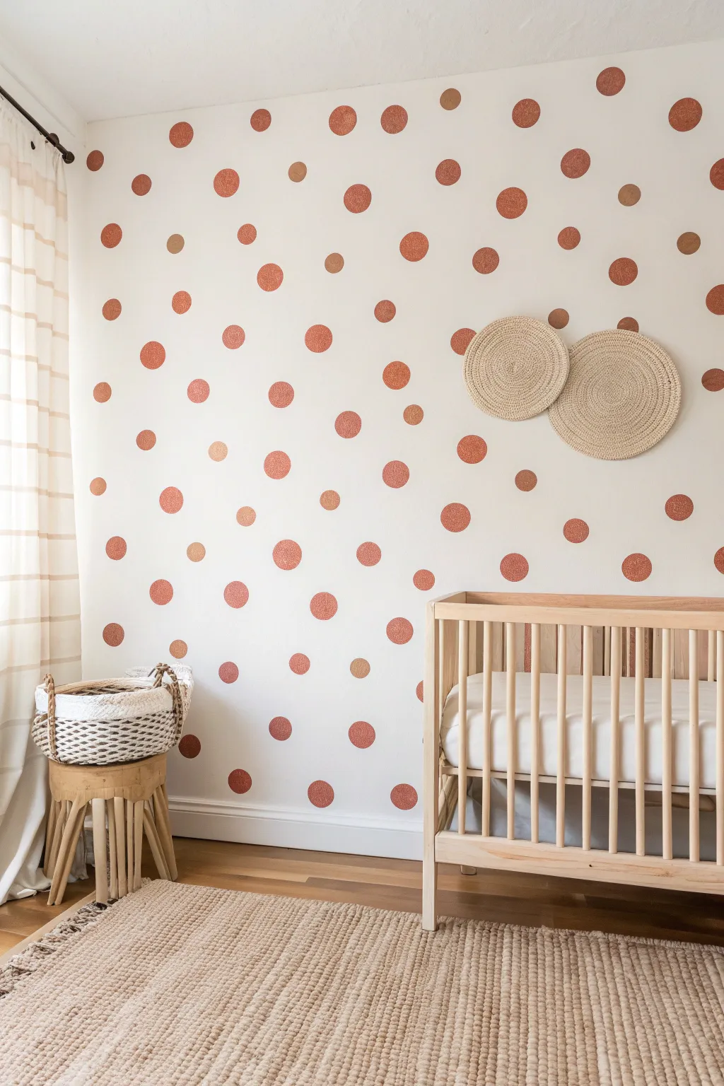 Imperfect hand-painted polka dots add a soft, playful touch to a minimalist nursery wall