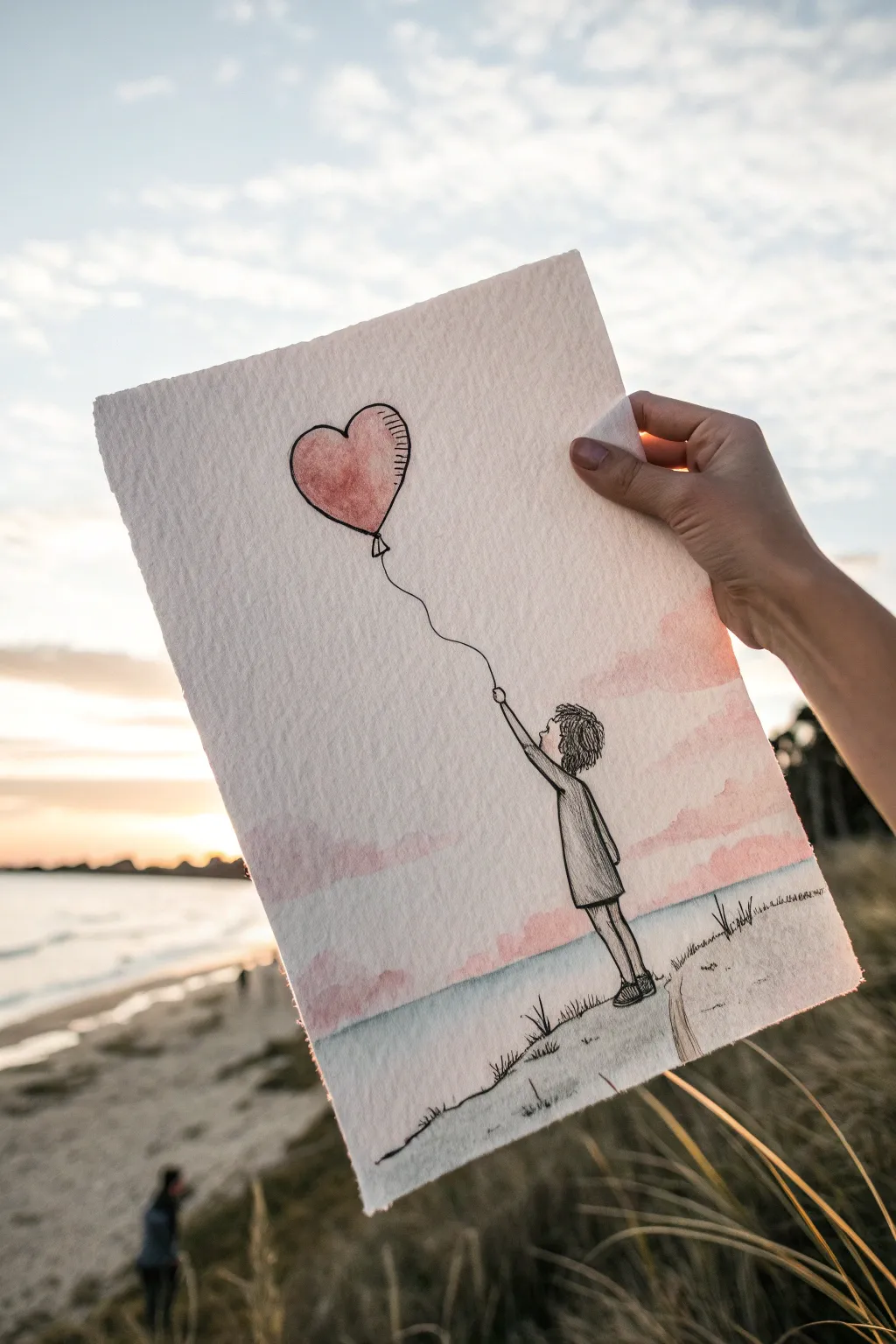 Gentle heart balloon lifting a tiny figure, a minimalist drawing idea that feels pure joy.