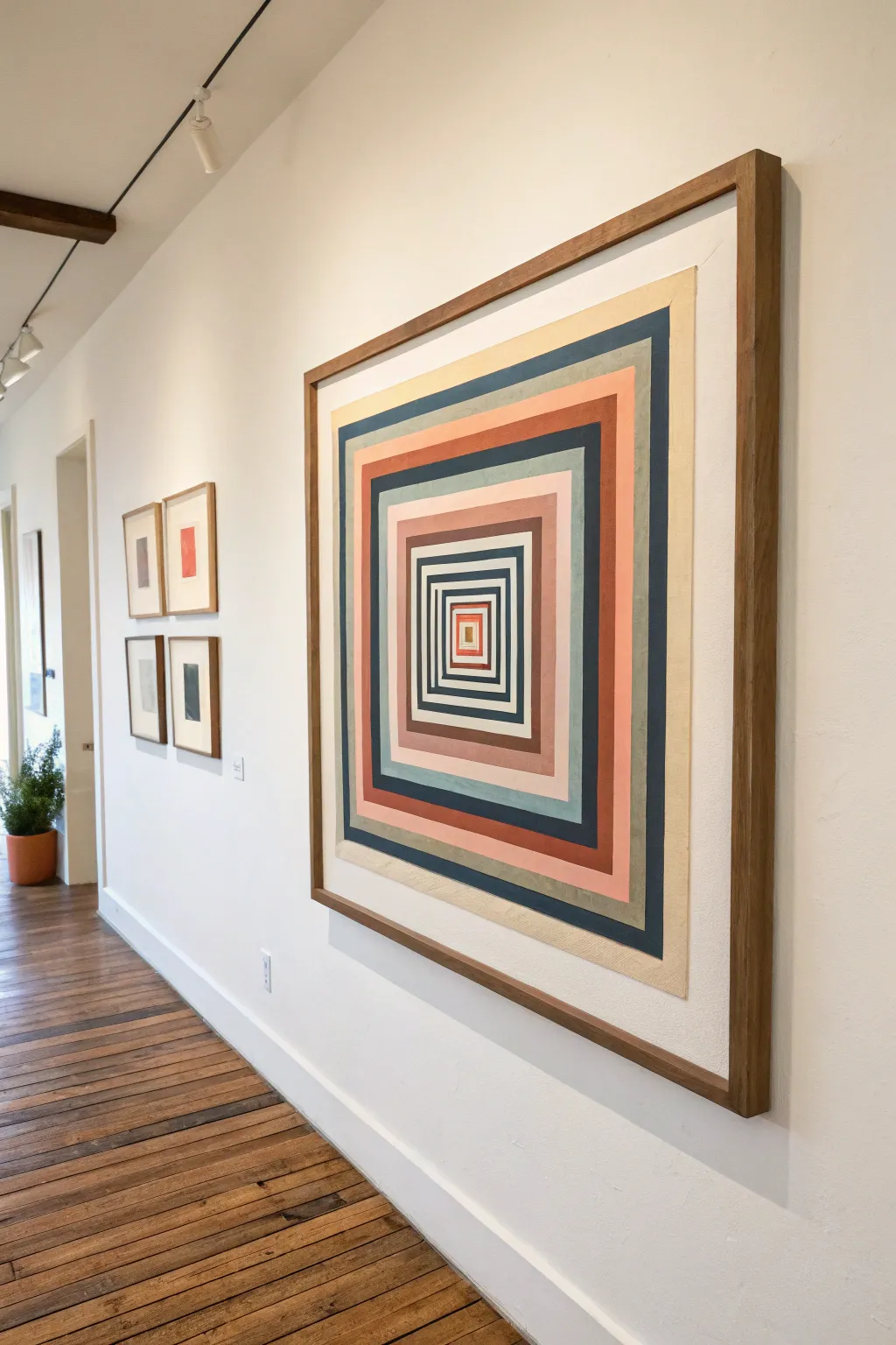 Concentric hard-edge squares in warm neutrals pull inward like a minimalist color tunnel