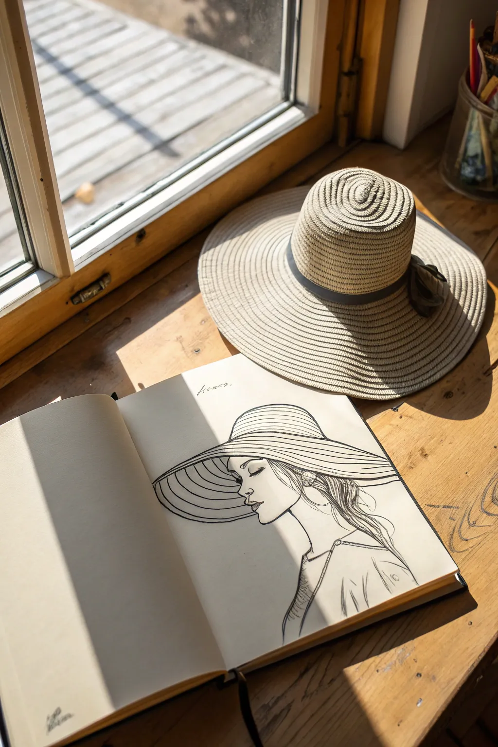Wide-brim sun hat sketch with soft shadow shading, clean curves, and airy summer flow.
