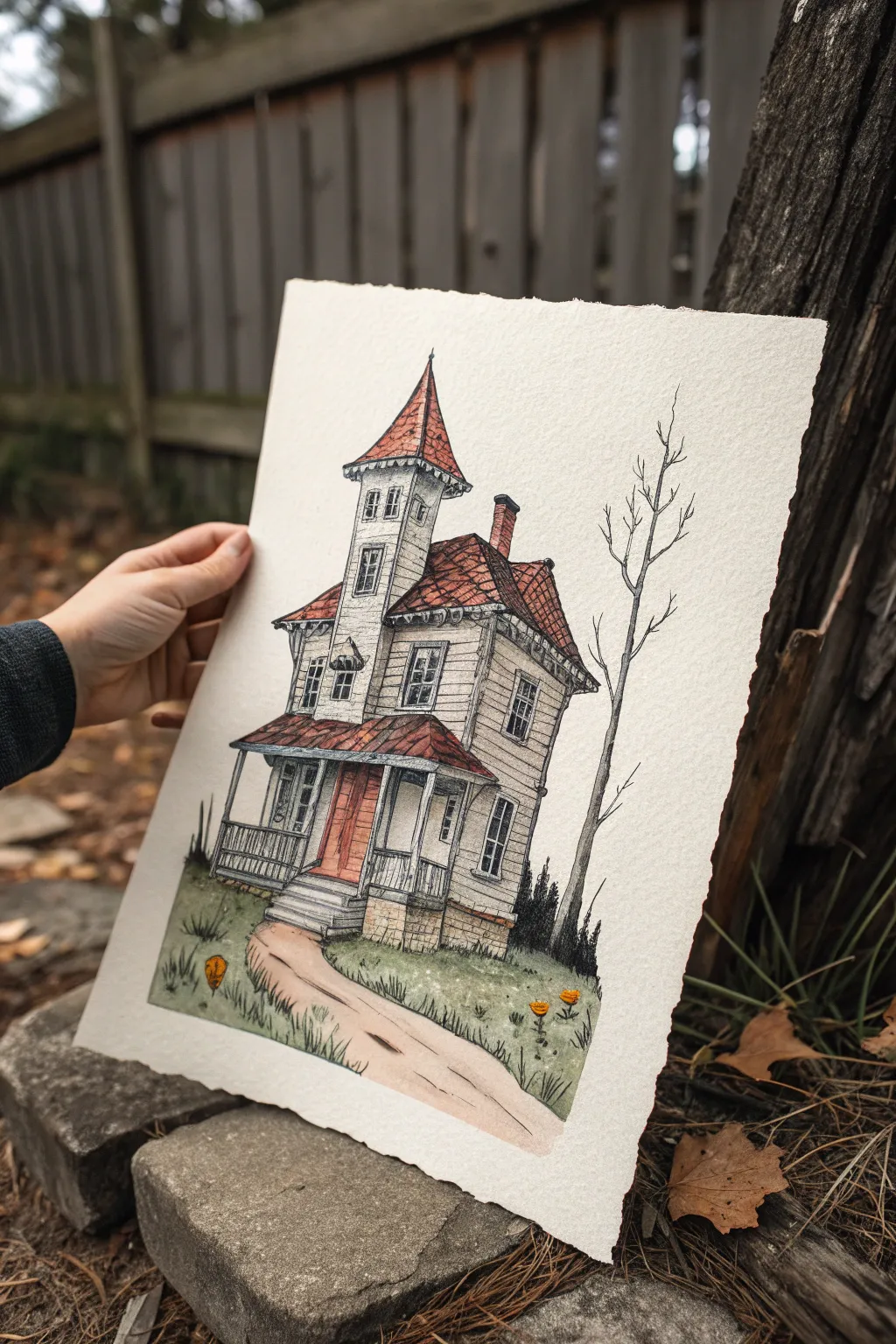 Crooked haunted house sketch with warped perspective, minimalist boho palette and crisp contrast.