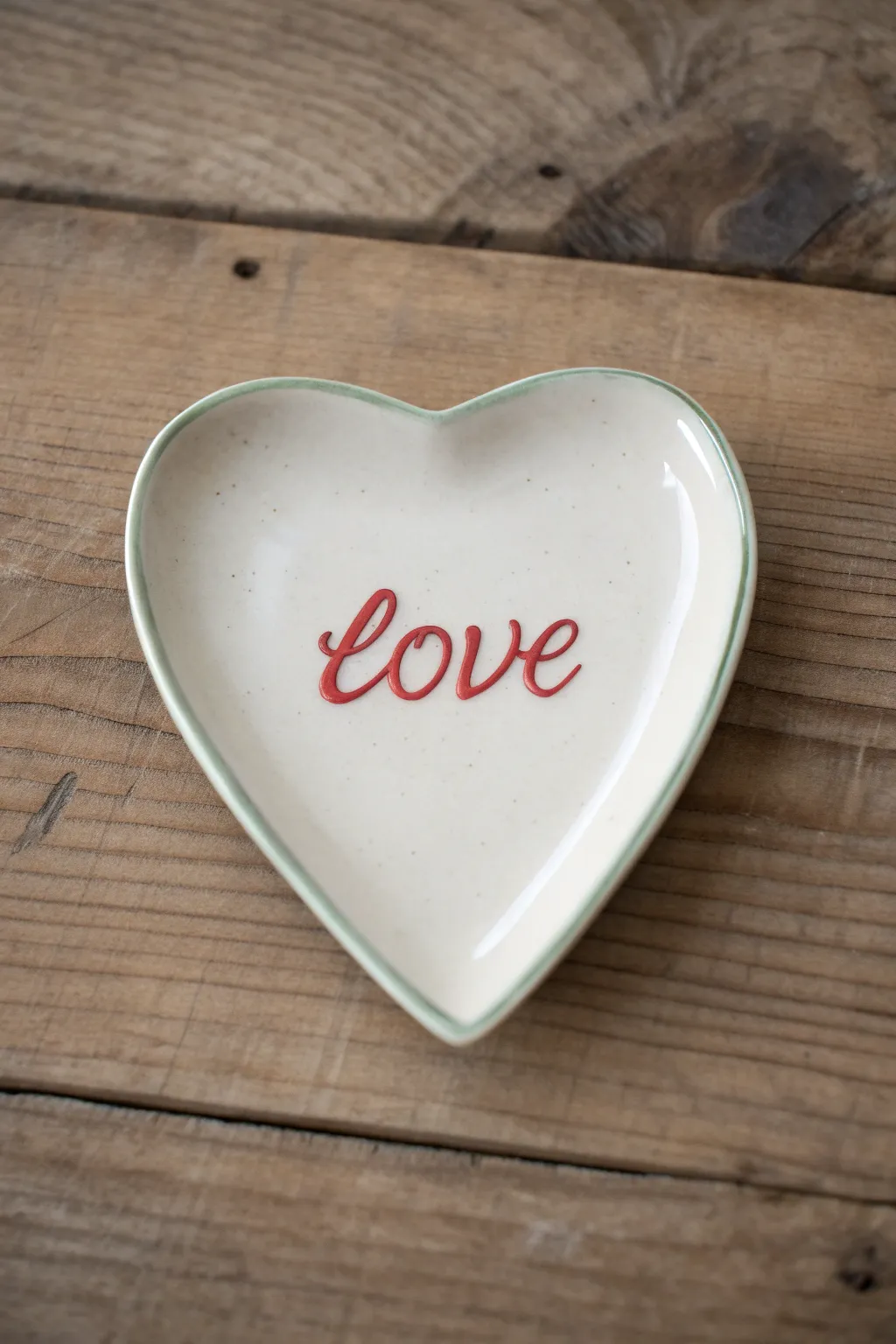 Minimal heart plate with hand-lettered love centered, clean negative space and subtle rim accent.