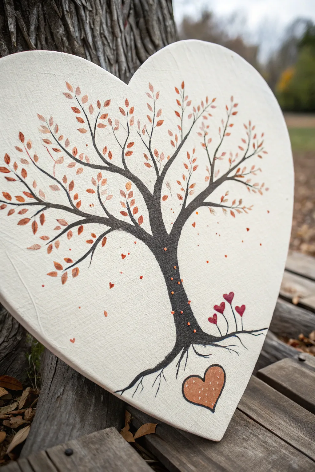 Simple tree of love on a heart canvas, with curved branches and easy dot blossoms
