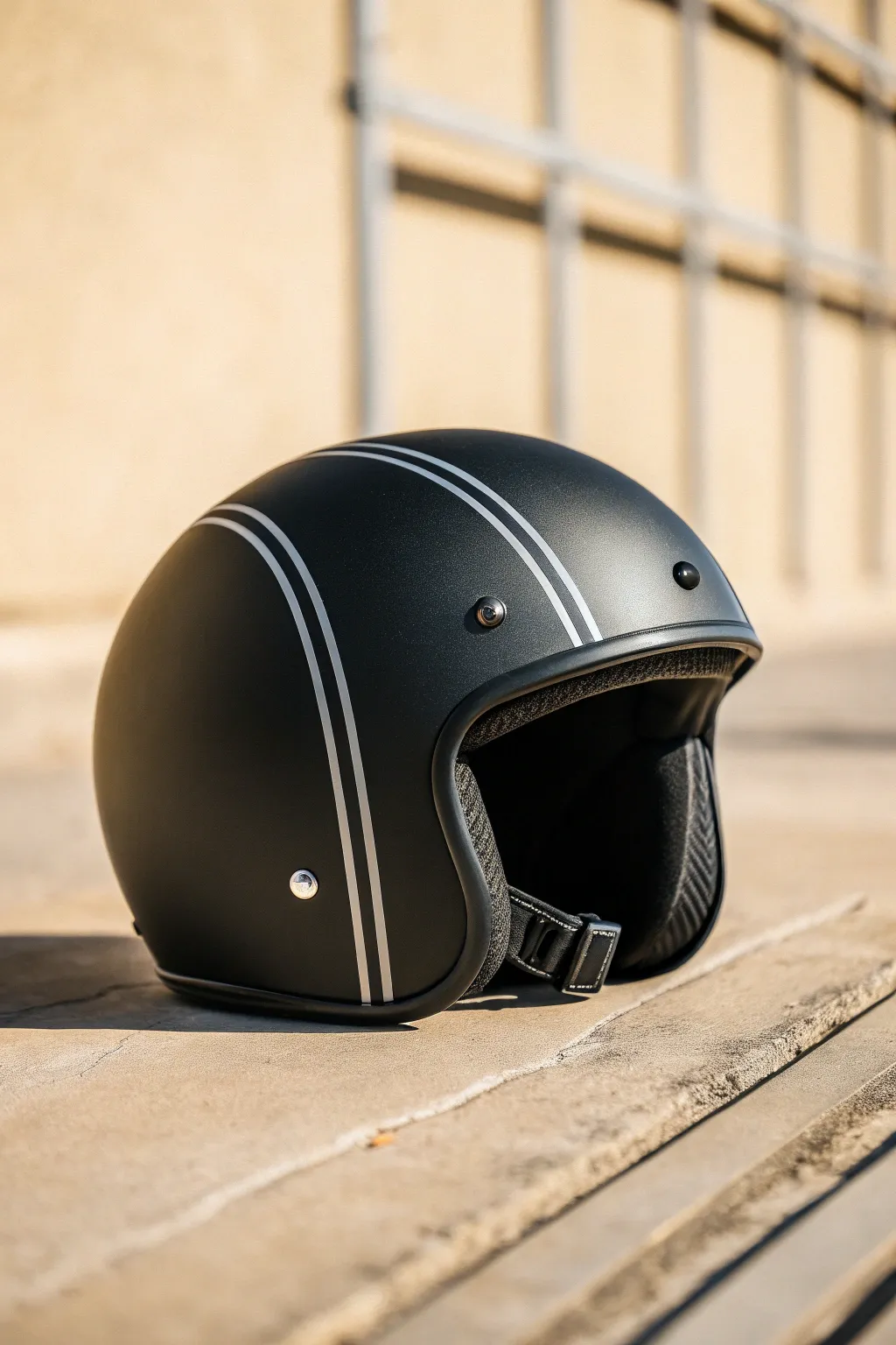 Matte black helmet close-up with micro pinstripes, crisp panel edges, minimalist contrast