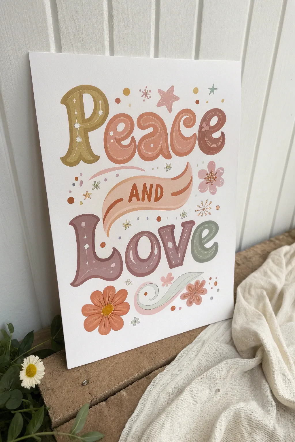 Groovy bubble letters with Peace and Love melting into a soft boho rainbow, perfect for hippy vibes