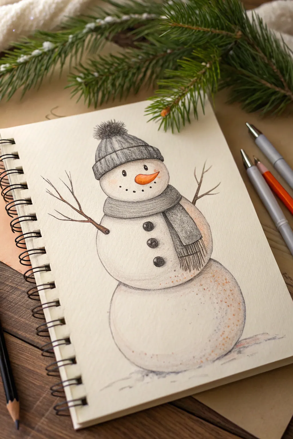 Cozy snowman sketch in soft pencil, minimalist winter charm with scarf and knit hat.