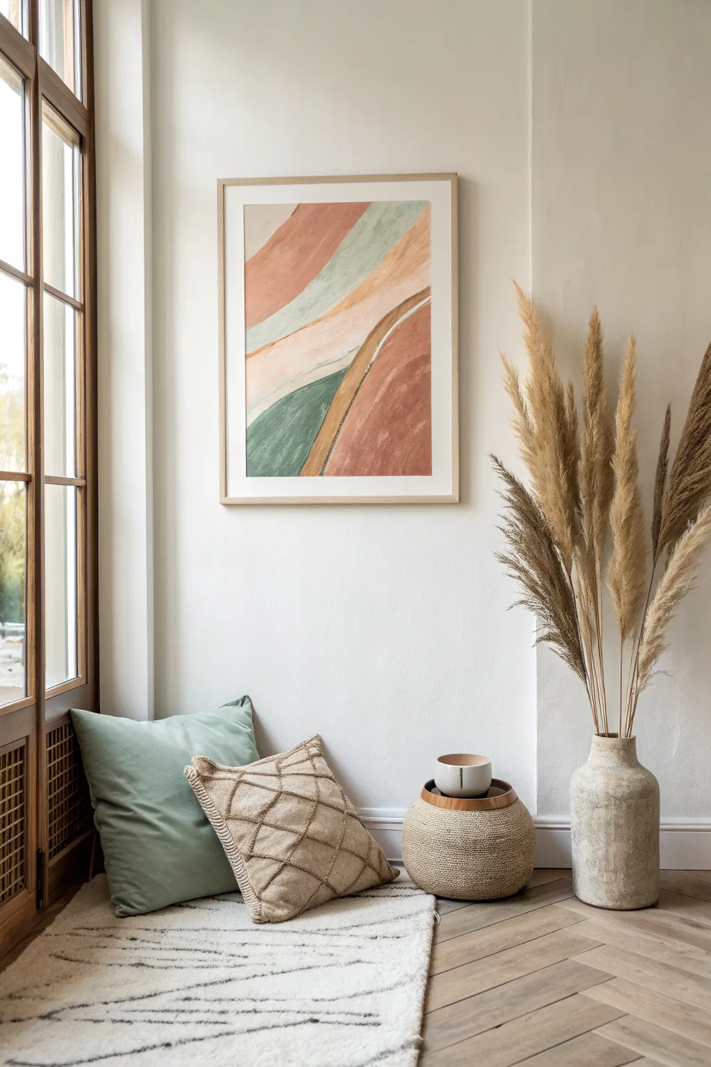 Let one bold canvas set the room palette, repeated softly in textiles and natural ceramics