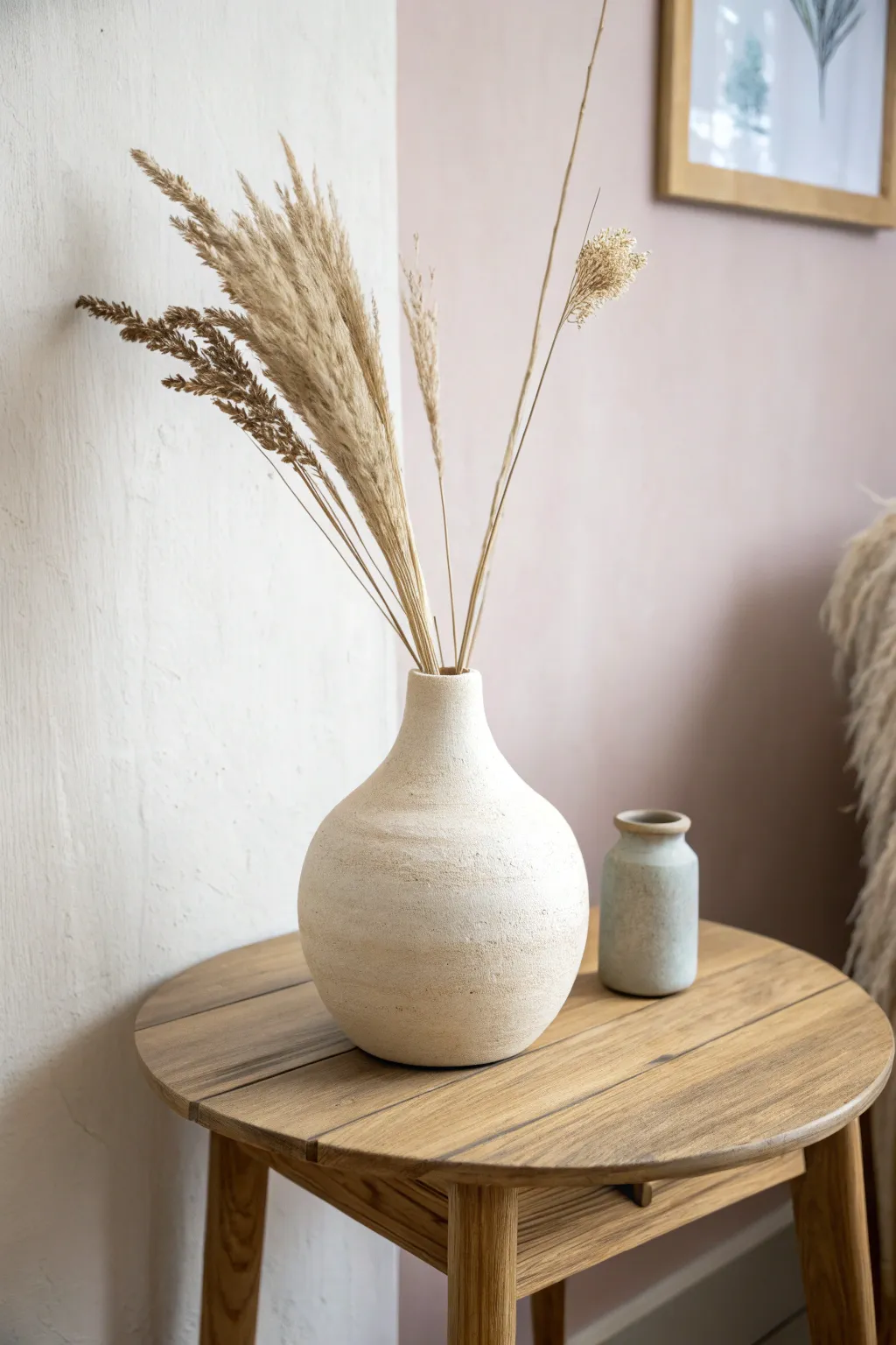 Soft pastel wall inspiration with blush light, airy shadows, and a simple vase for calm home vibes