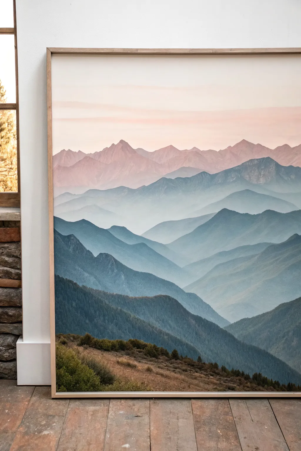 Layered mountain silhouettes on a horizontal canvas, dreamy depth in muted boho tones.