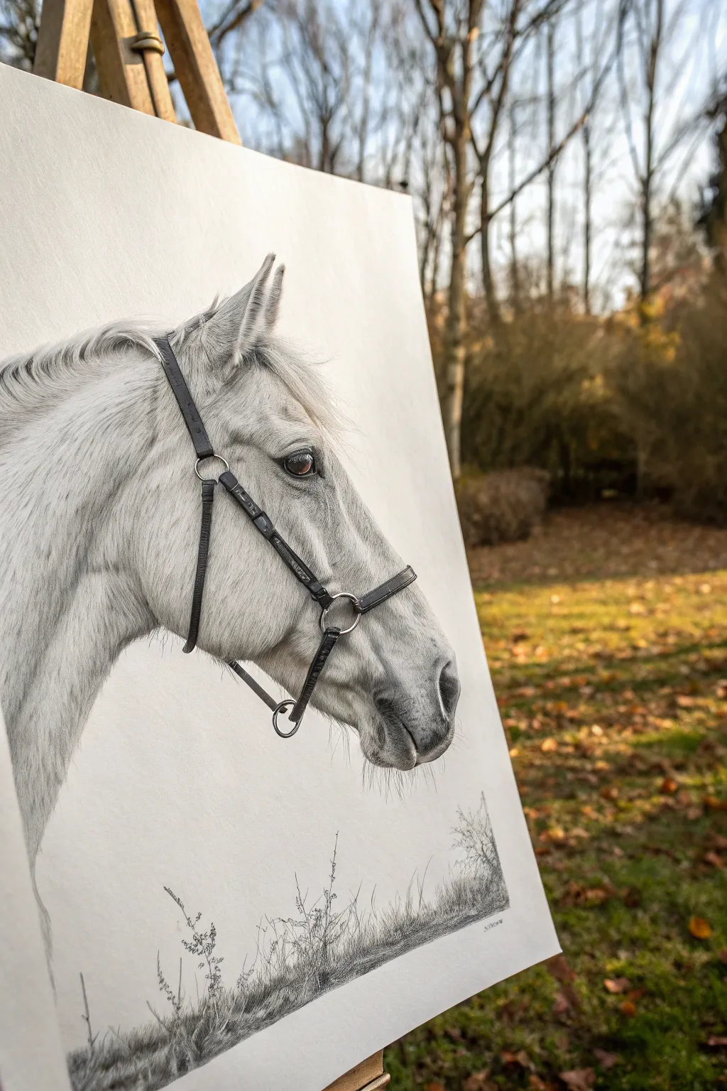 Three-quarter horse portrait sketch with crisp near eye and soft shading, perfect for study.