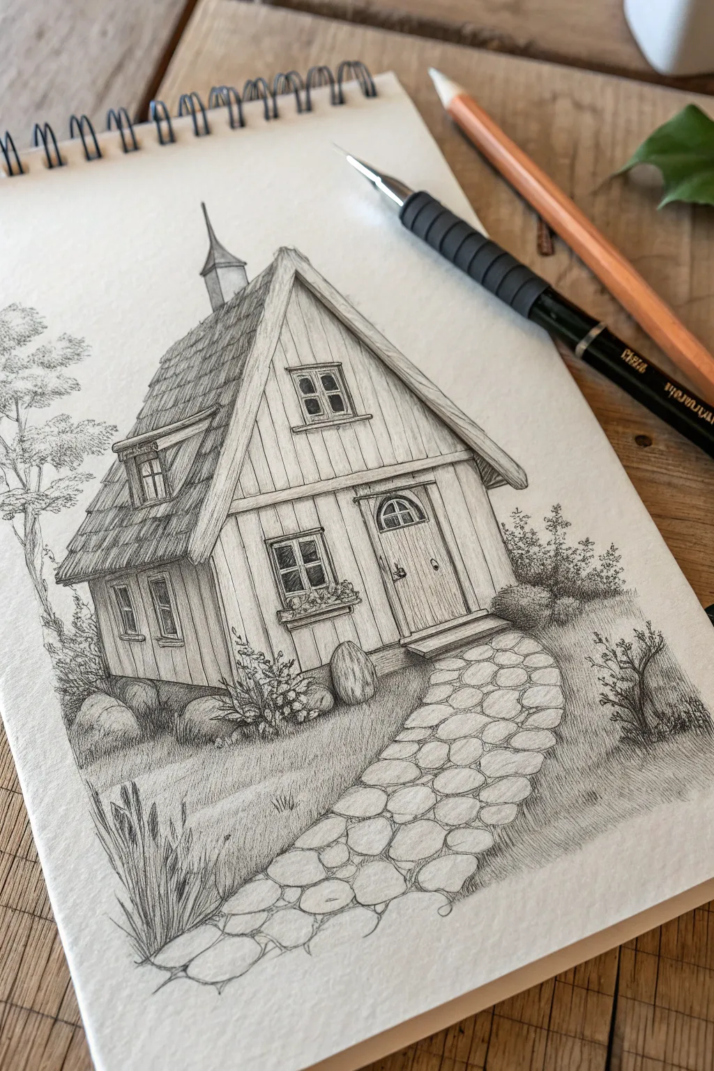 Cozy cottage sketch with bold chimney and soft shading, a sweet minimalist house drawing idea