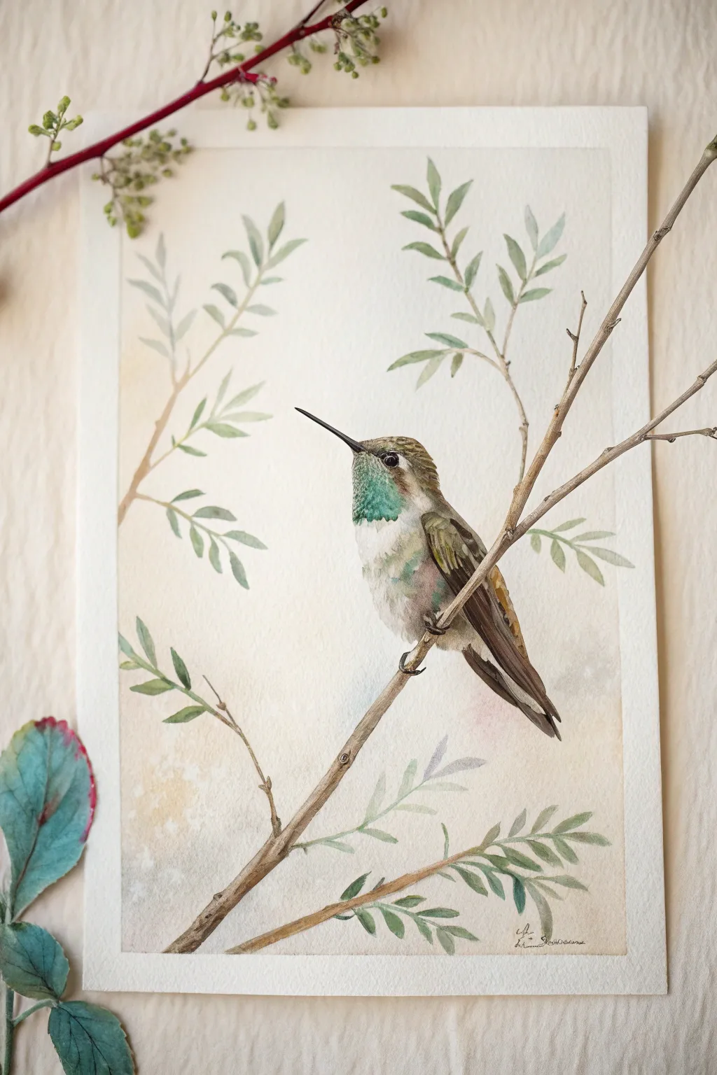 Perched hummingbird on a twig, airy negative space for a calming minimalist watercolor practice.