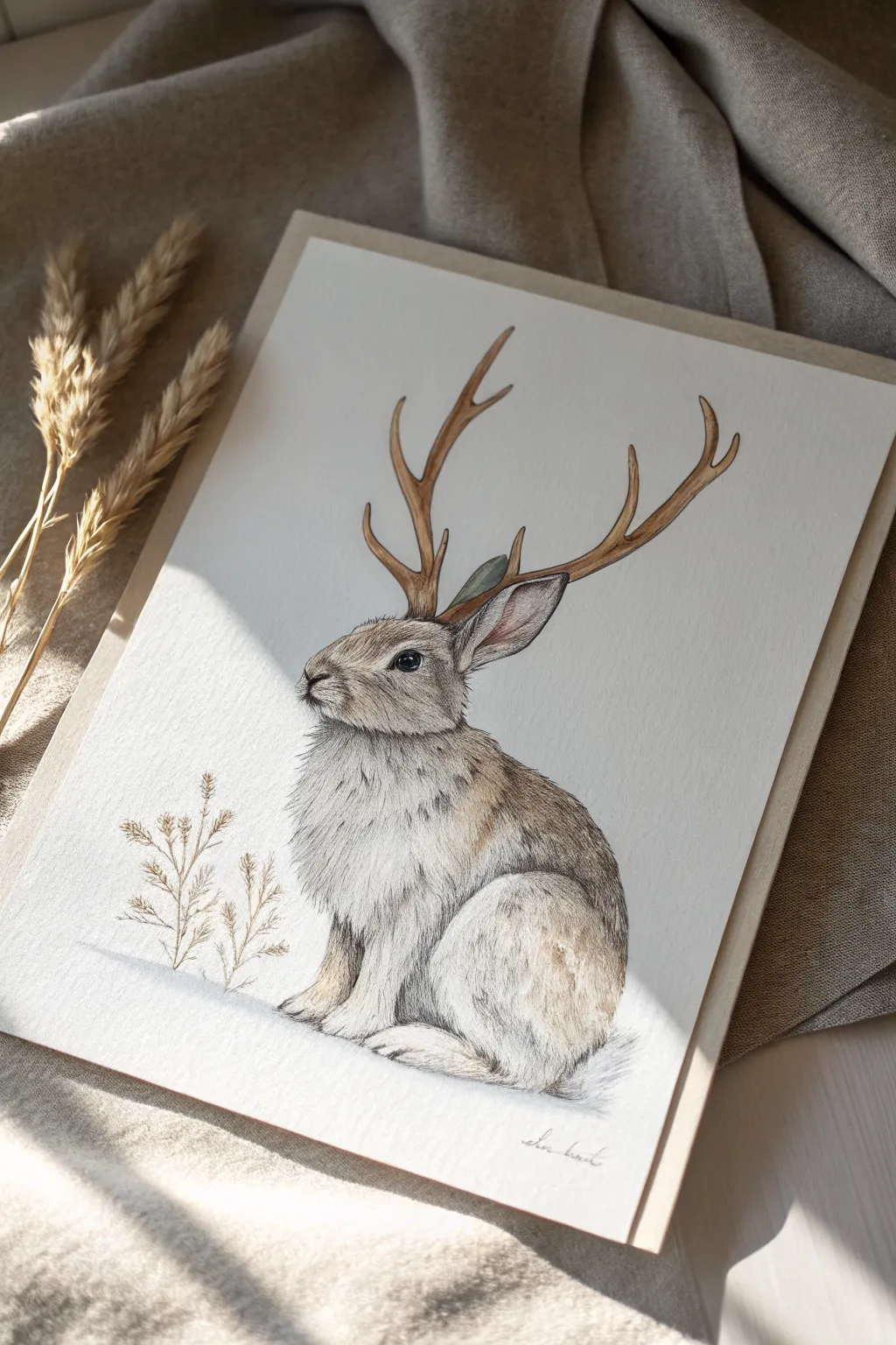 Cozy rabbit with branching antlers, drawn in soft pencil and wash for calm woodland contrast.