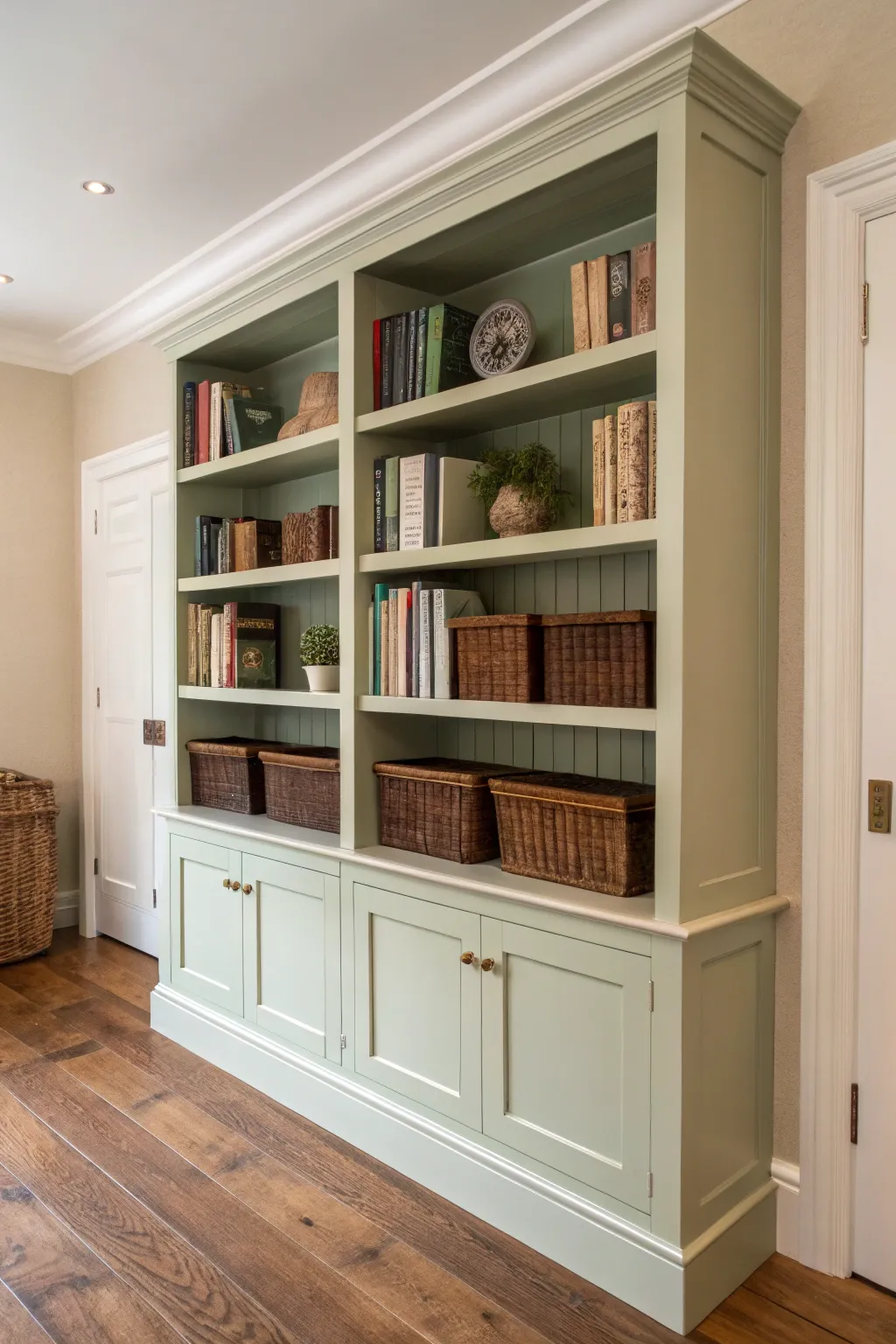 Crisp two-tone built-in shelves with a soft neutral frame and deeper interiors for elegant contrast