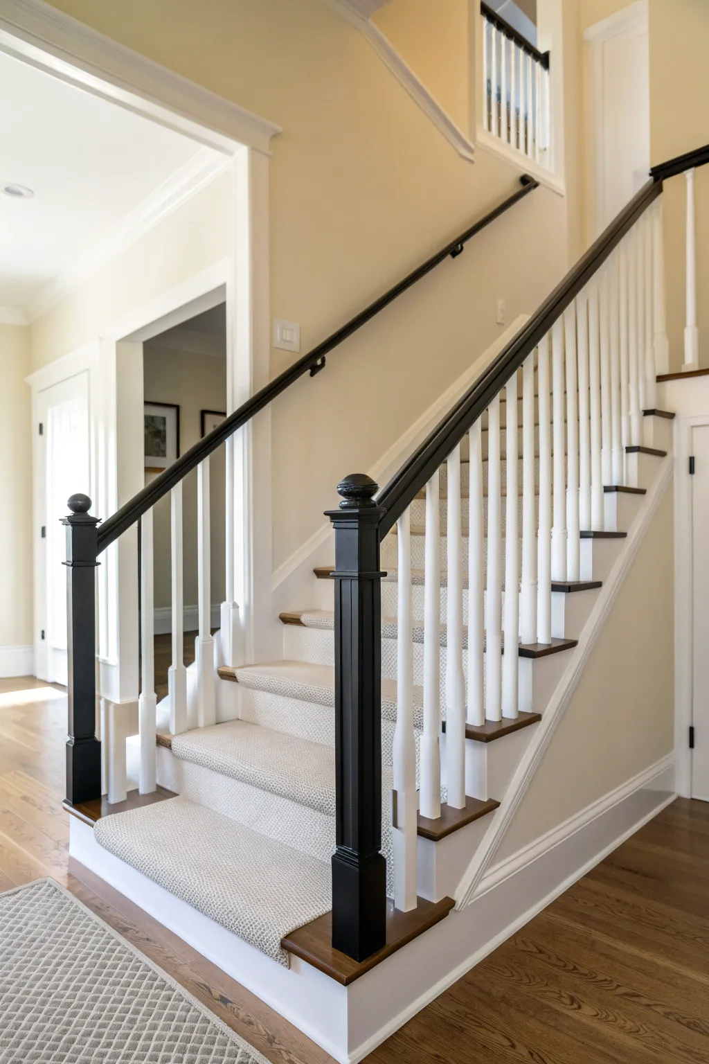 Crisp black handrail against white balusters for a bold, minimalist stairwell statement