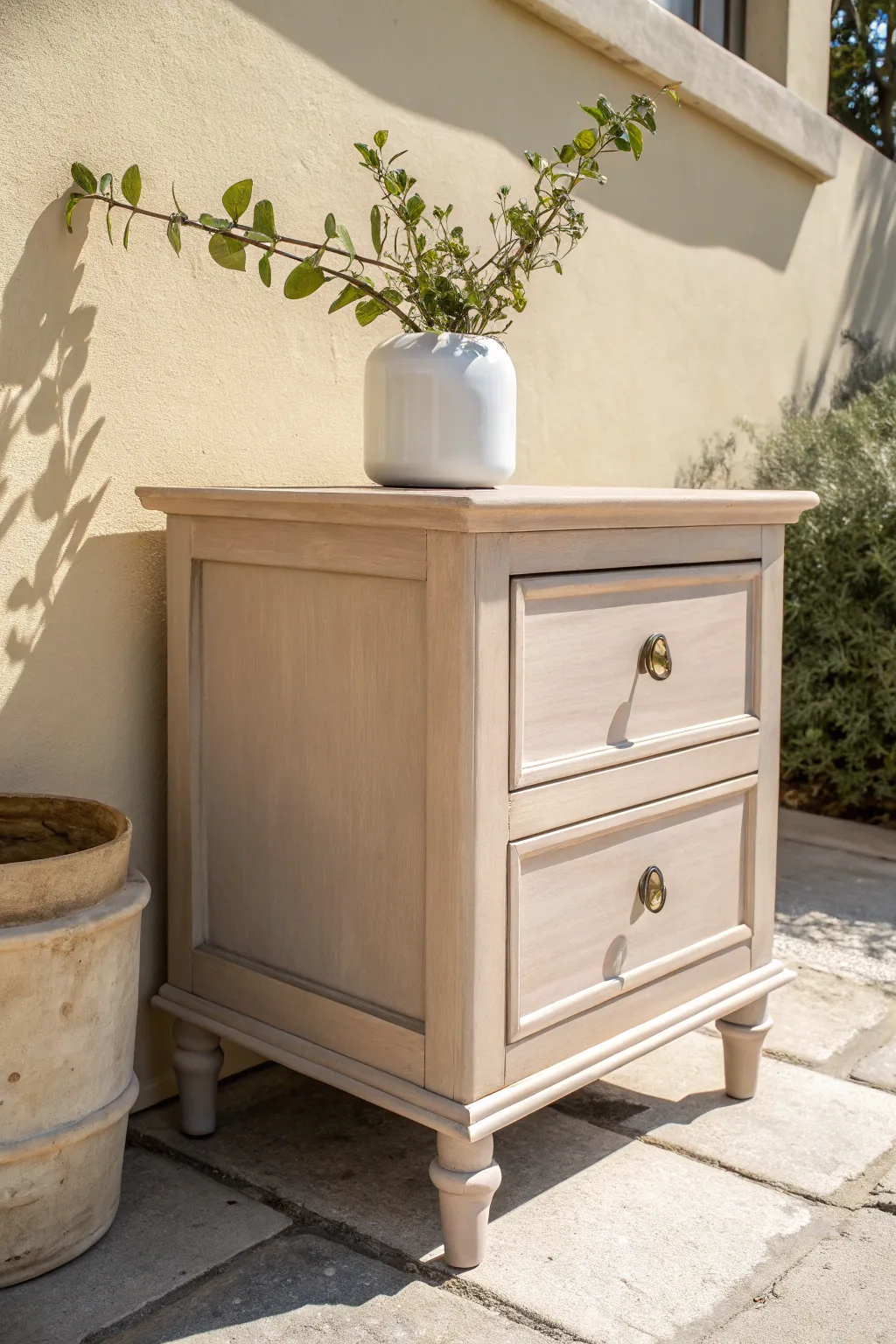 Soft greige nightstand makeover inspiration with calm modern neutrals and natural accents