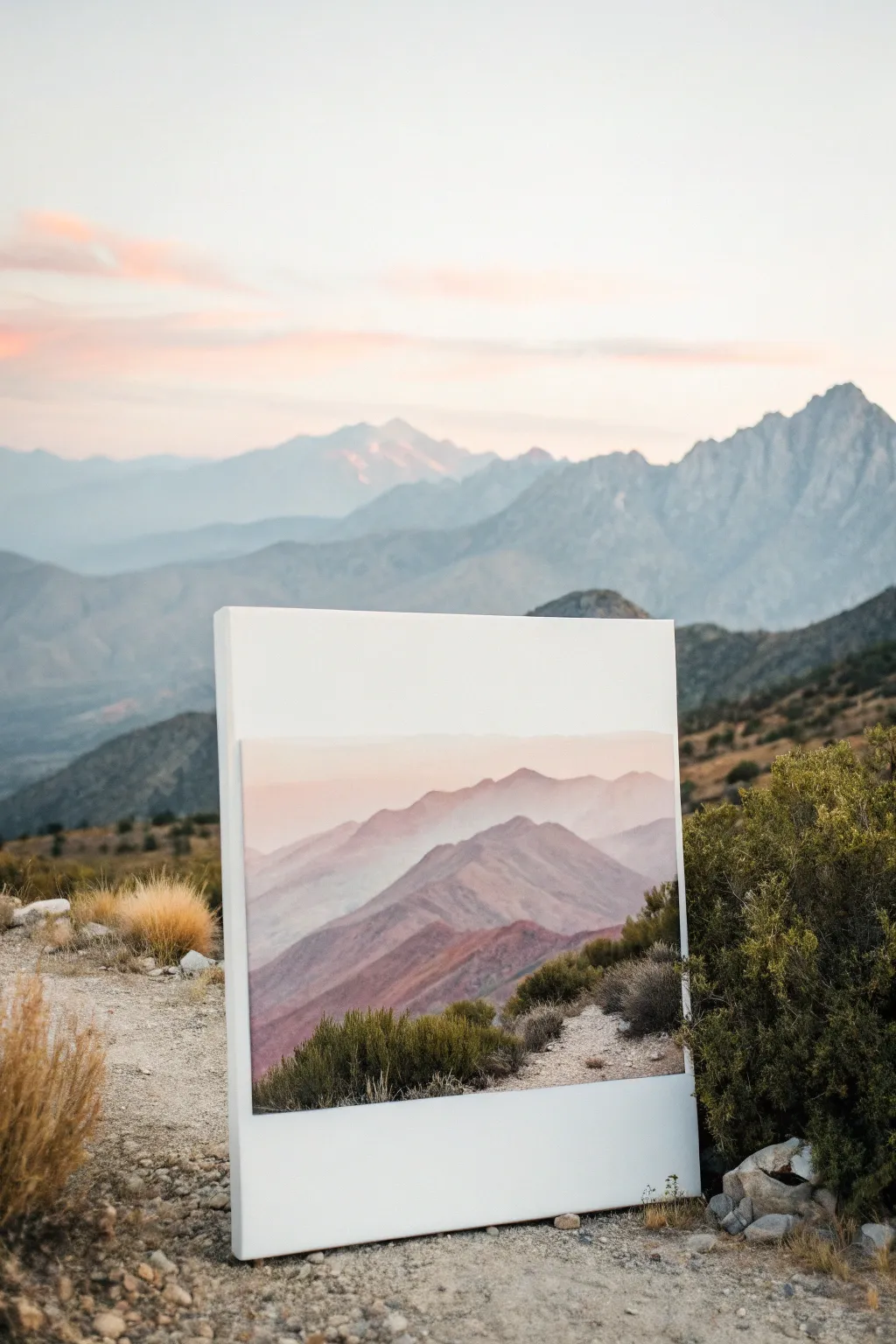 Soft layered mountain shapes on canvas in calm tones, clean edges, and a modern boho feel