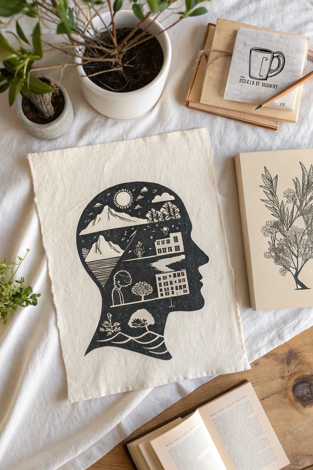 Minimal head silhouette packed with tiny personal worlds, clean ink lines and soft boho washes.