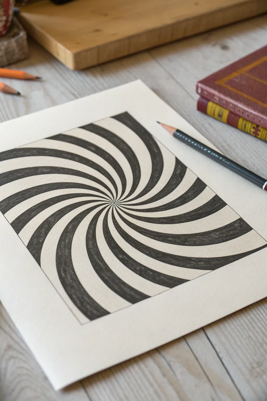 Draw a bold tunnel spiral illusion with crisp dark and light bands for instant depth.
