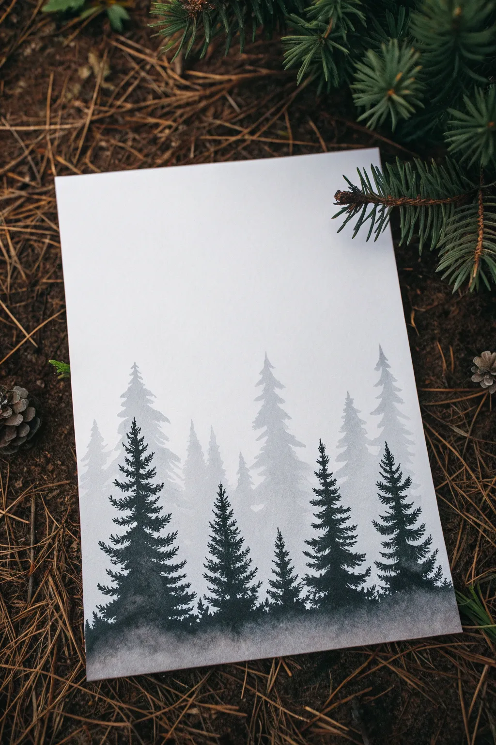 Layered India ink pine silhouettes, bold foreground trees fading into a soft misty distance