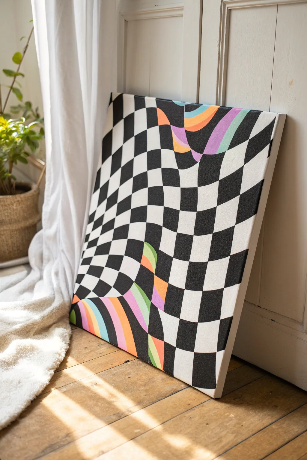 Wavy checkerboard meets neon ripples, a minimalist indie painting idea with bold contrast.