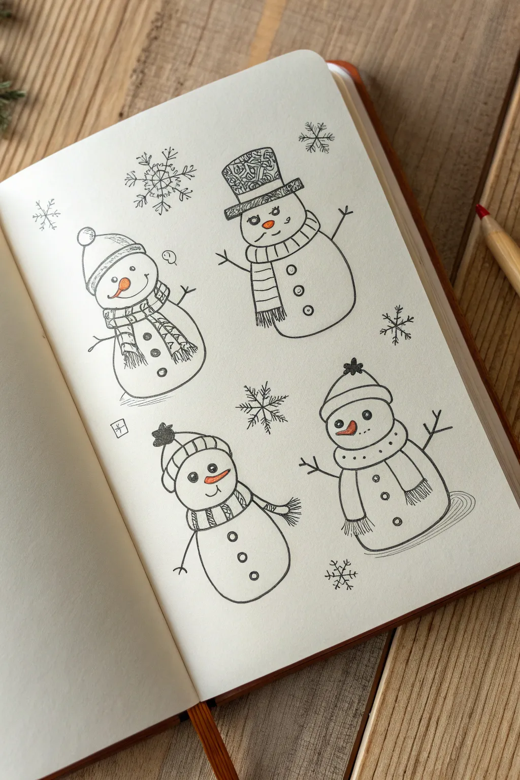 Snowman character variations for January: a clean, cozy sketchbook page of playful designs