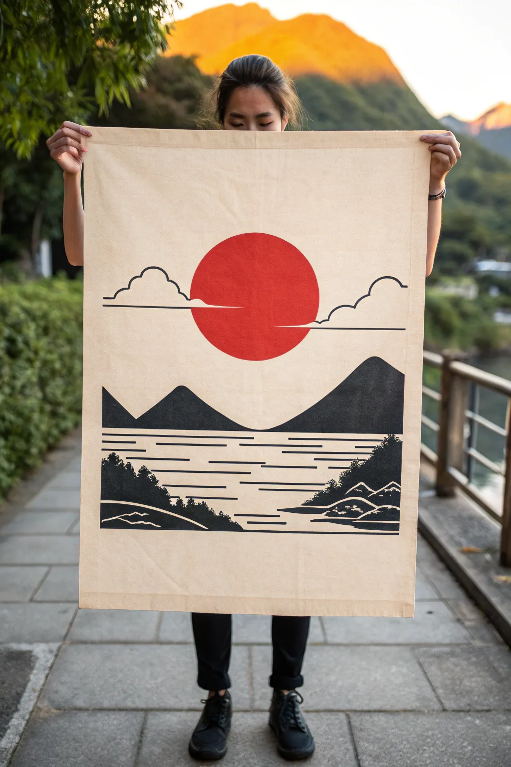 Rising sun minimal poster: bold red circle and black horizon on warm handmade paper.