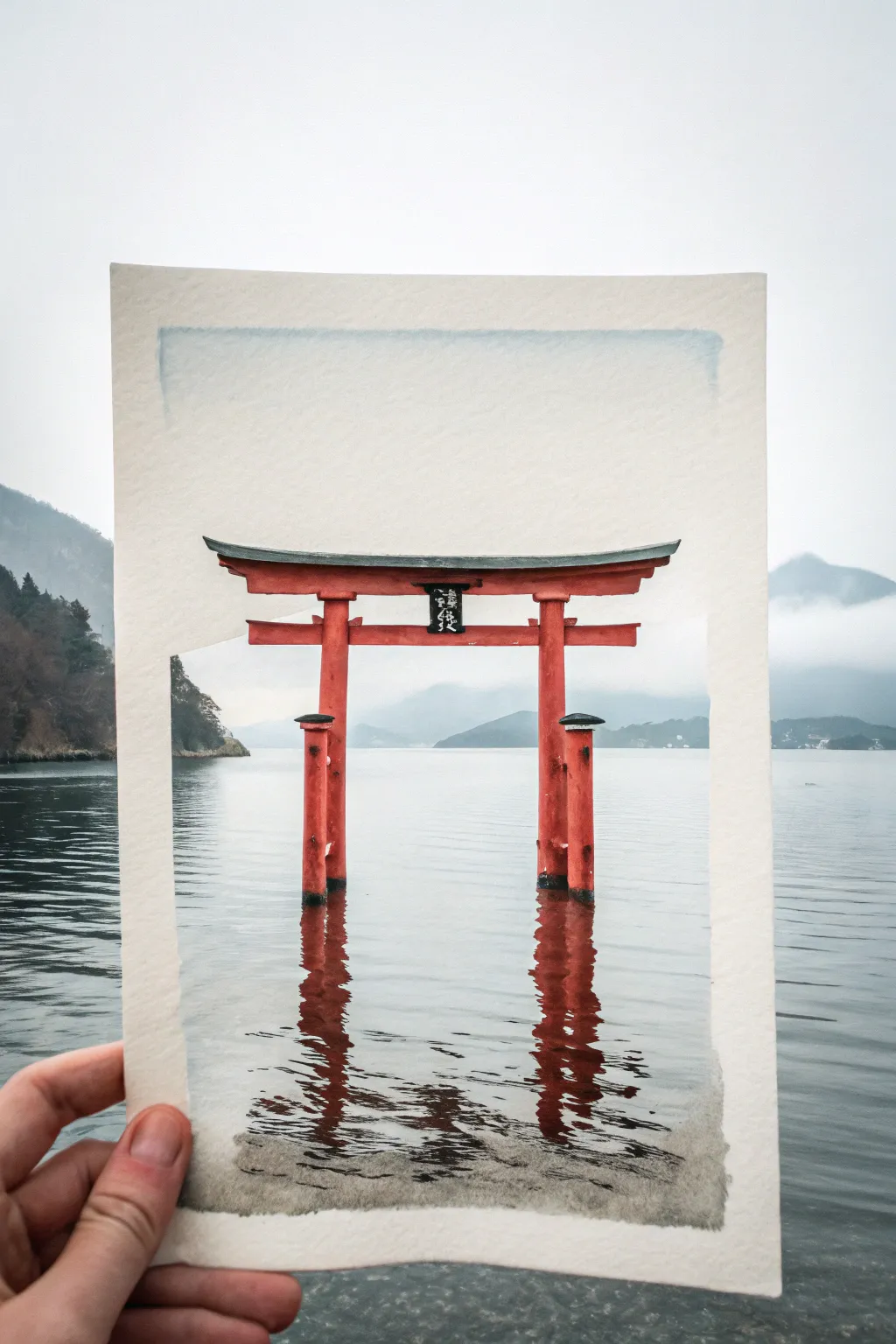 Minimalist vermilion torii gate floating in misty water, soft reflection and calm Japanese mood
