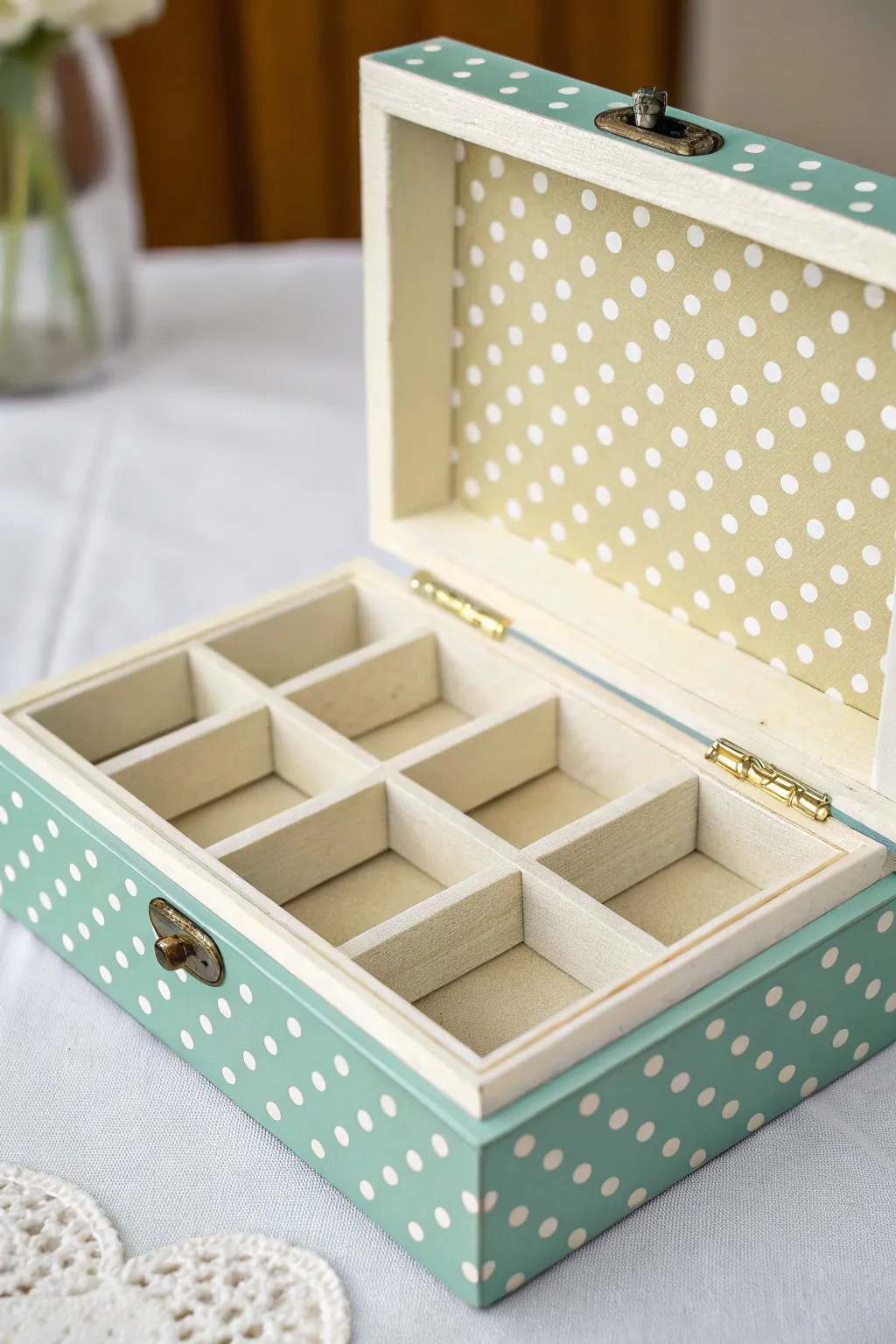 Bright polka dot jewelry box with crisp, evenly spaced dots and peek of tidy compartments.