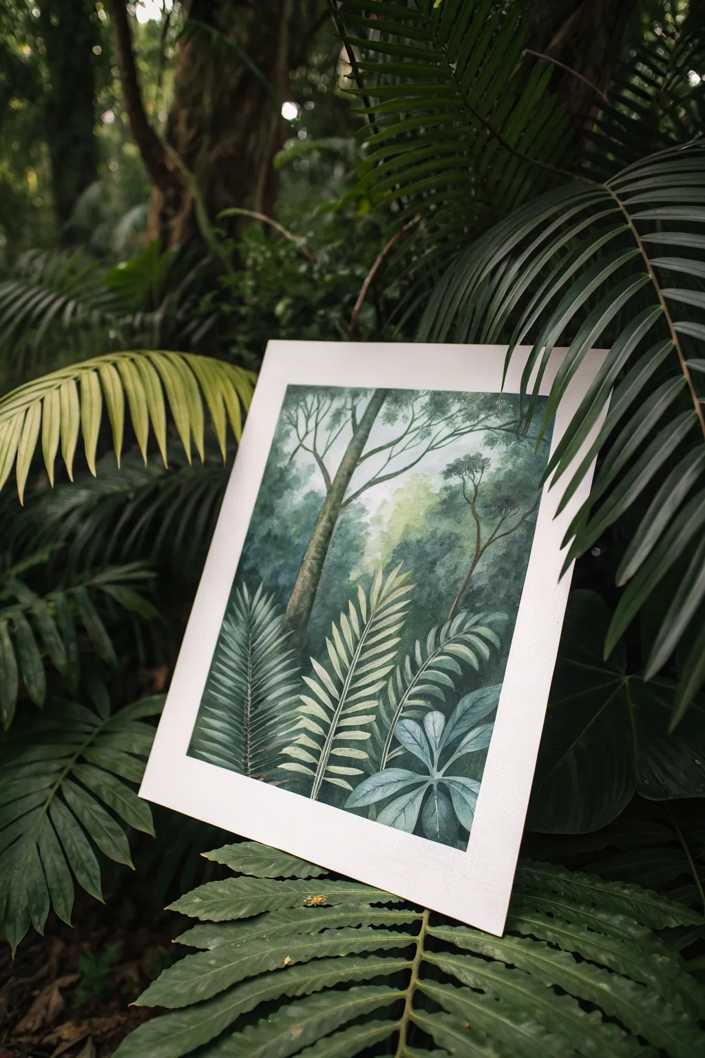 Layered jungle foliage: dark silhouettes, mid greens, crisp leaves for instant rainforest depth