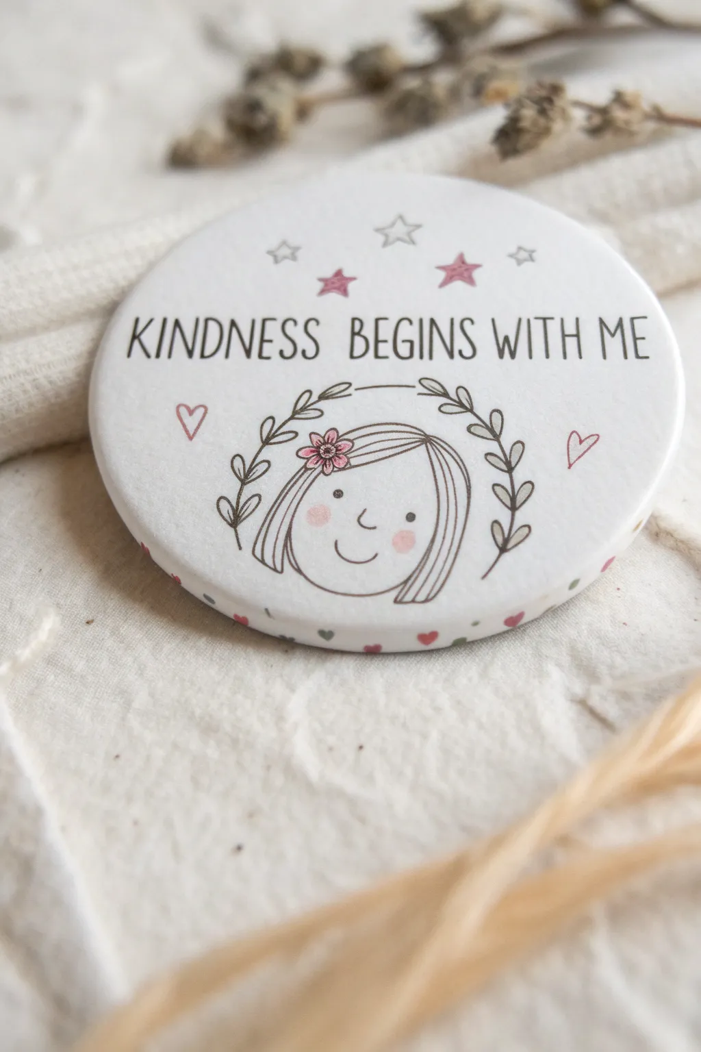 Minimalist self-portrait badge with sweet hearts and the mantra Kindness Begins With Me
